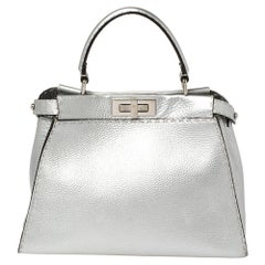 Fendi Metallic Silver Selleria Leather Medium Peekaboo Top Handle Bag