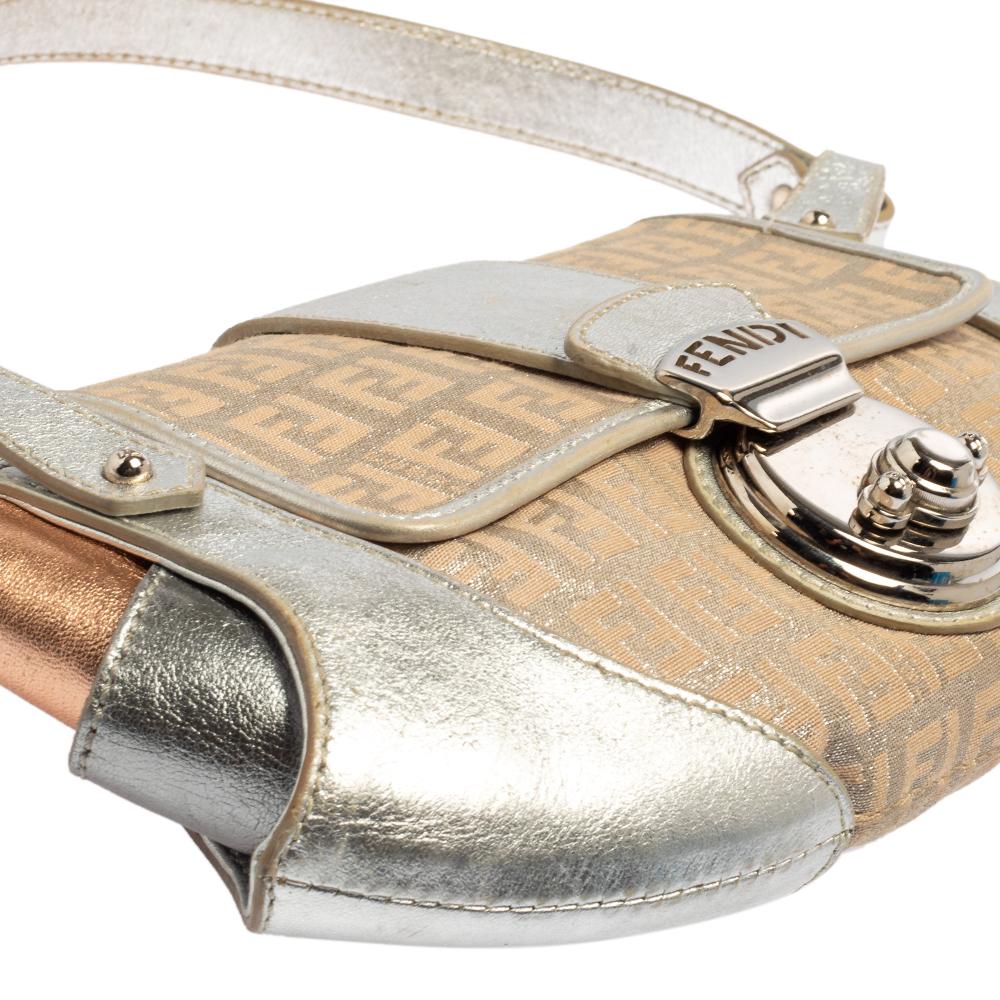 Beige Fendi Metallic Silver Zucchino Canvas and Leather Borsa Tuc Shoulder Bag