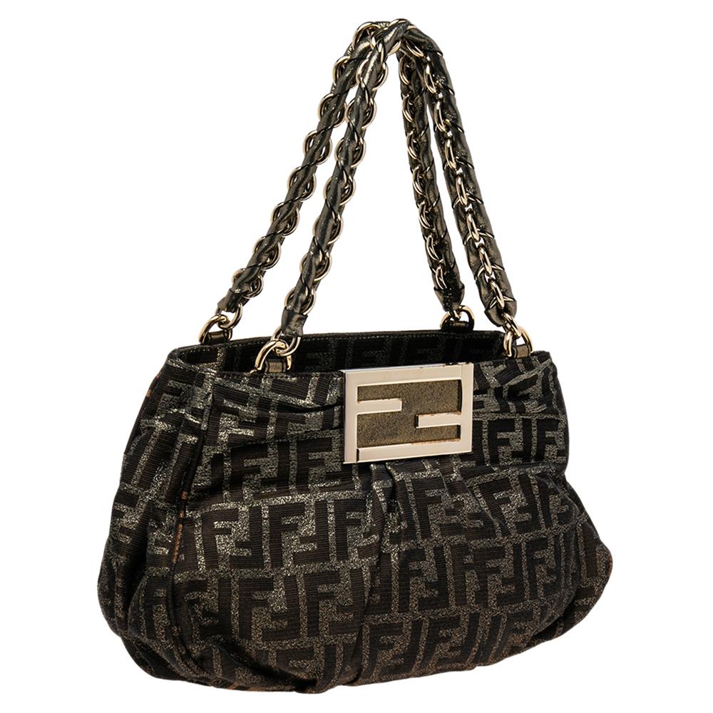 Fendi Metallic Tobacco Zucca Canvas Small Mia Tote In Good Condition In Dubai, Al Qouz 2