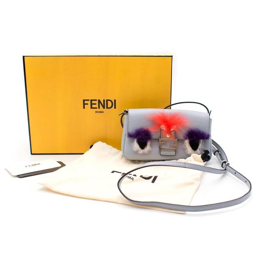 Fendi micro 'Baguette' Bag Bugs crossbody bag

-purple, red, white and black rabbit fur 
-bag bugs design with crystal embellishments
-micro baguette
-two compartments inside 
-two card colder slides inside 
-made in Italy 
-100% nappa leather