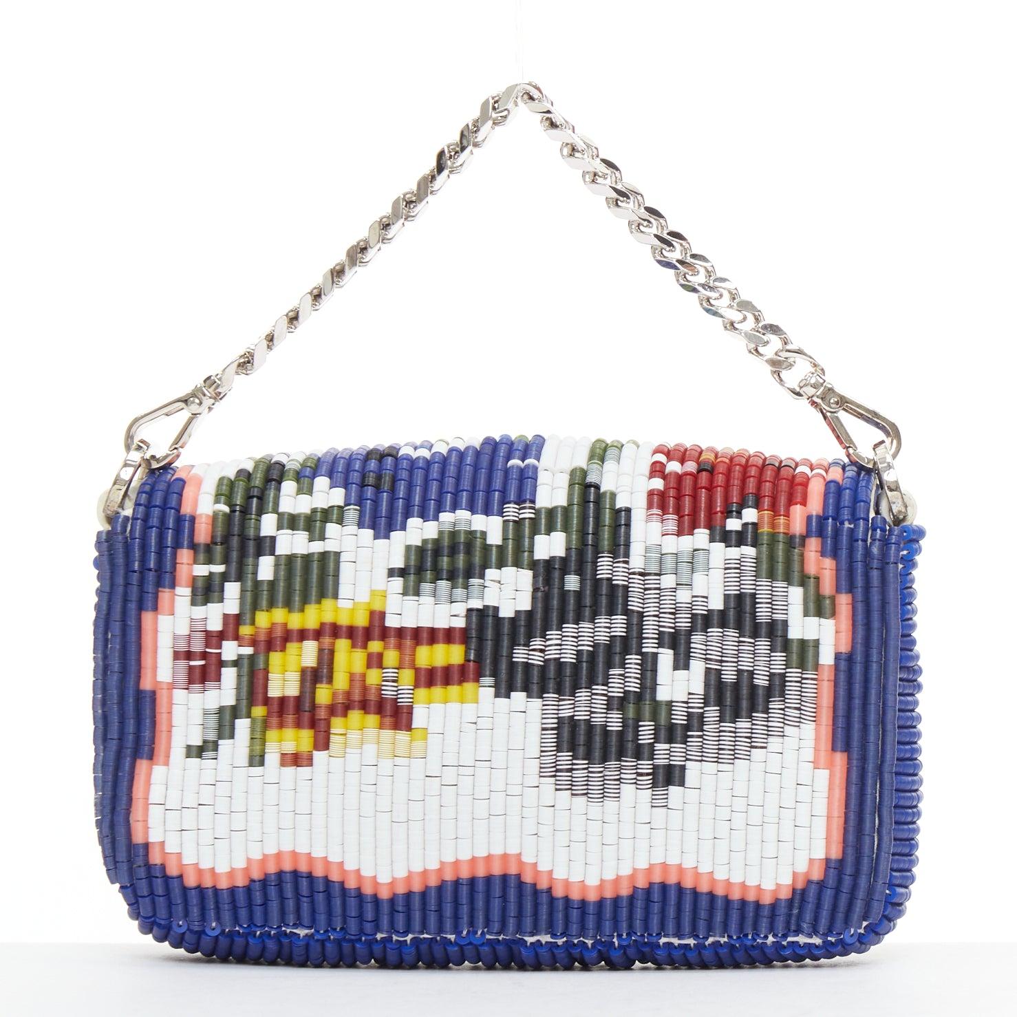 De las mujeres FENDI Micro Baguette azul colorido bordado con cuentas logo FF solapa cadena bolso en venta