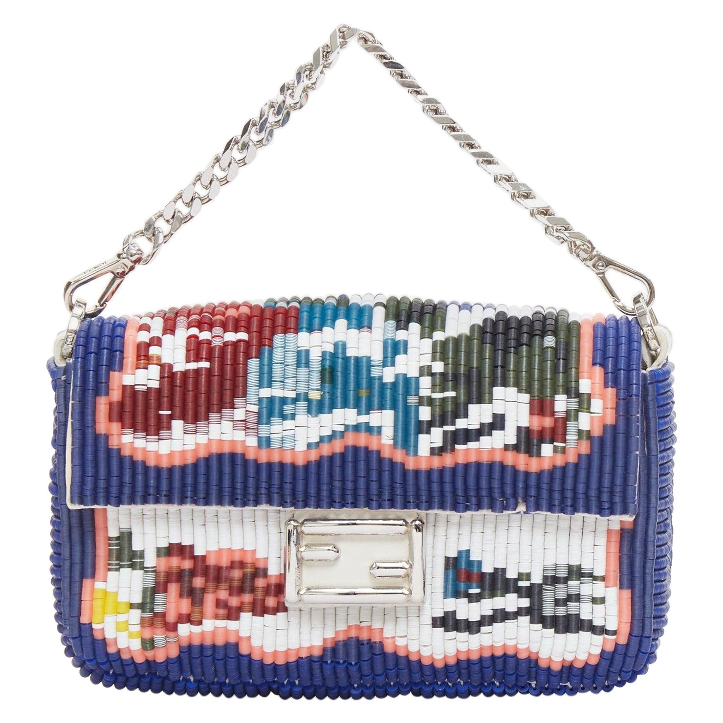 FENDI Micro Baguette azul colorido bordado con cuentas logo FF solapa cadena bolso en venta