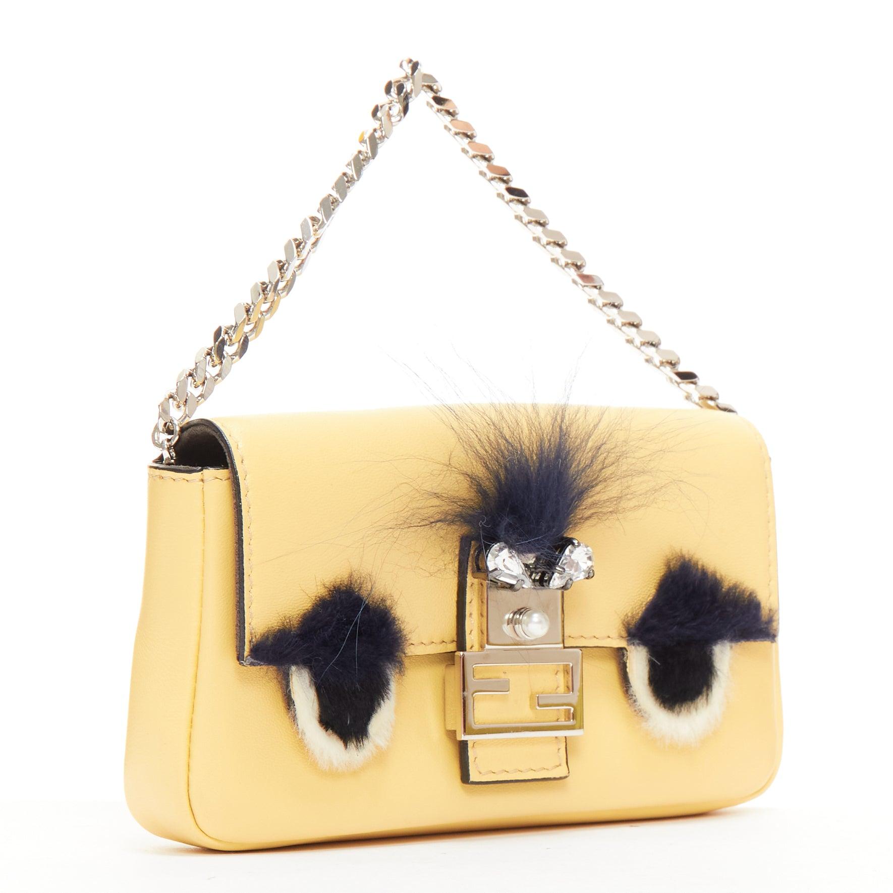 FENDI Micro Baguette butter yellow black fur eye leather top handle bag In Good Condition For Sale In Hong Kong, NT