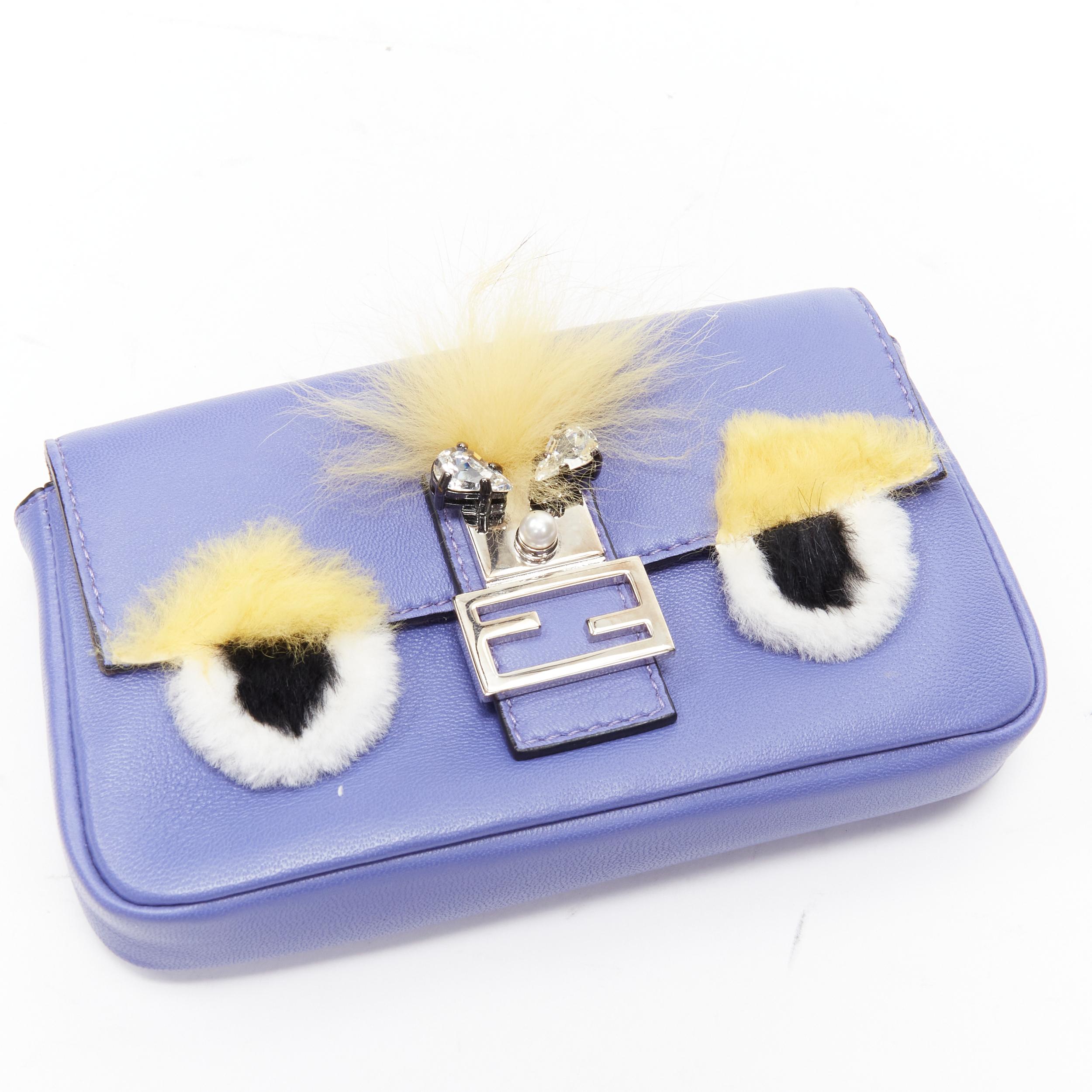 FENDI Micro Baguette Monster Bug furry eye crystal FF flap purple crossbody bag In Excellent Condition In Hong Kong, NT