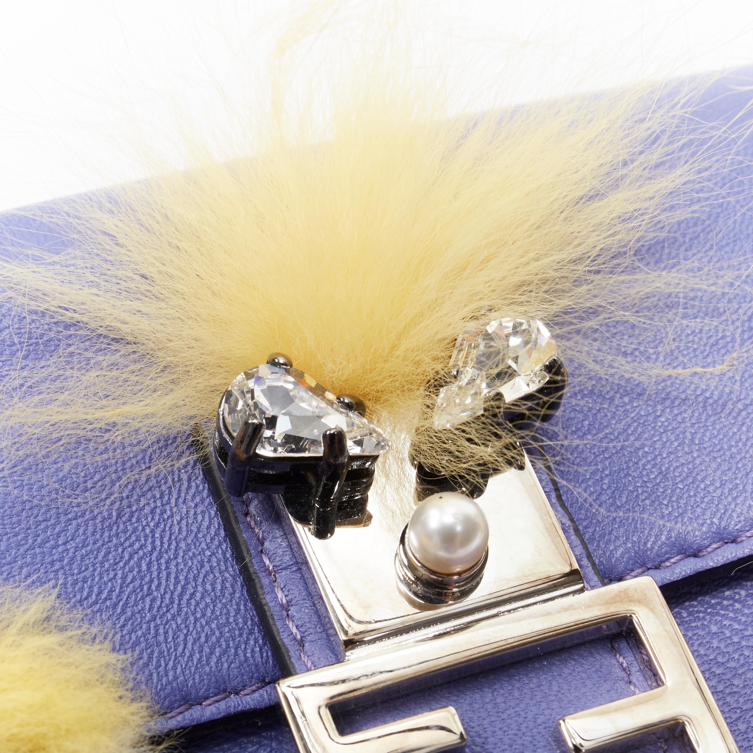 Women's FENDI Micro Baguette Monster Bug furry eye crystal FF flap purple crossbody bag