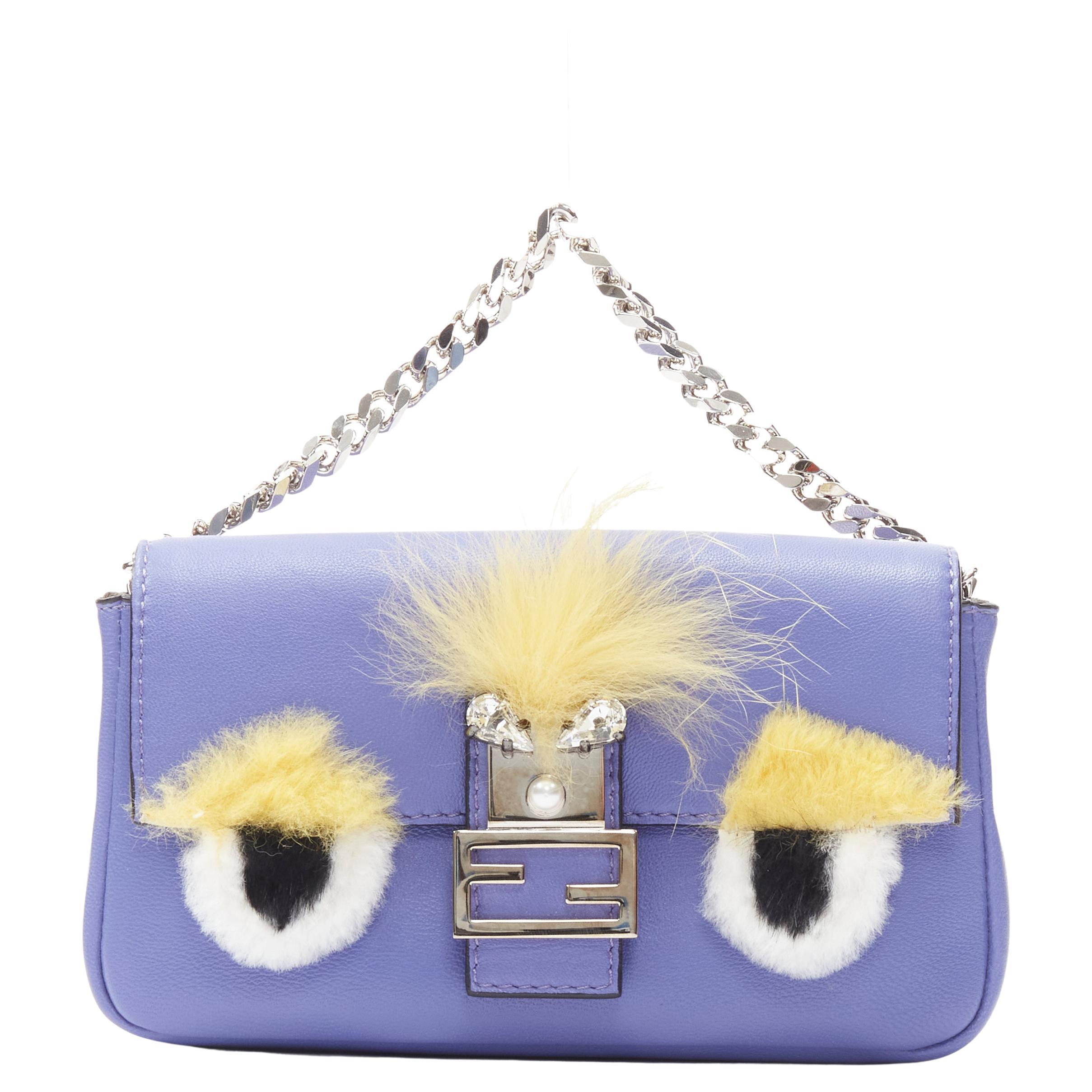 FENDI Micro Baguette Monster Bug furry eye crystal FF flap purple crossbody bag