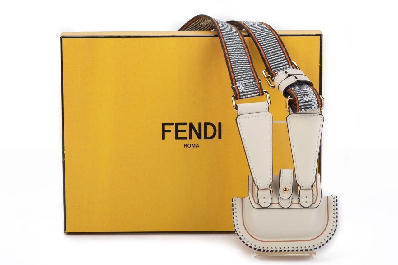 Fendi micro necklace bag in white. Attached to it is a fabric strap (18