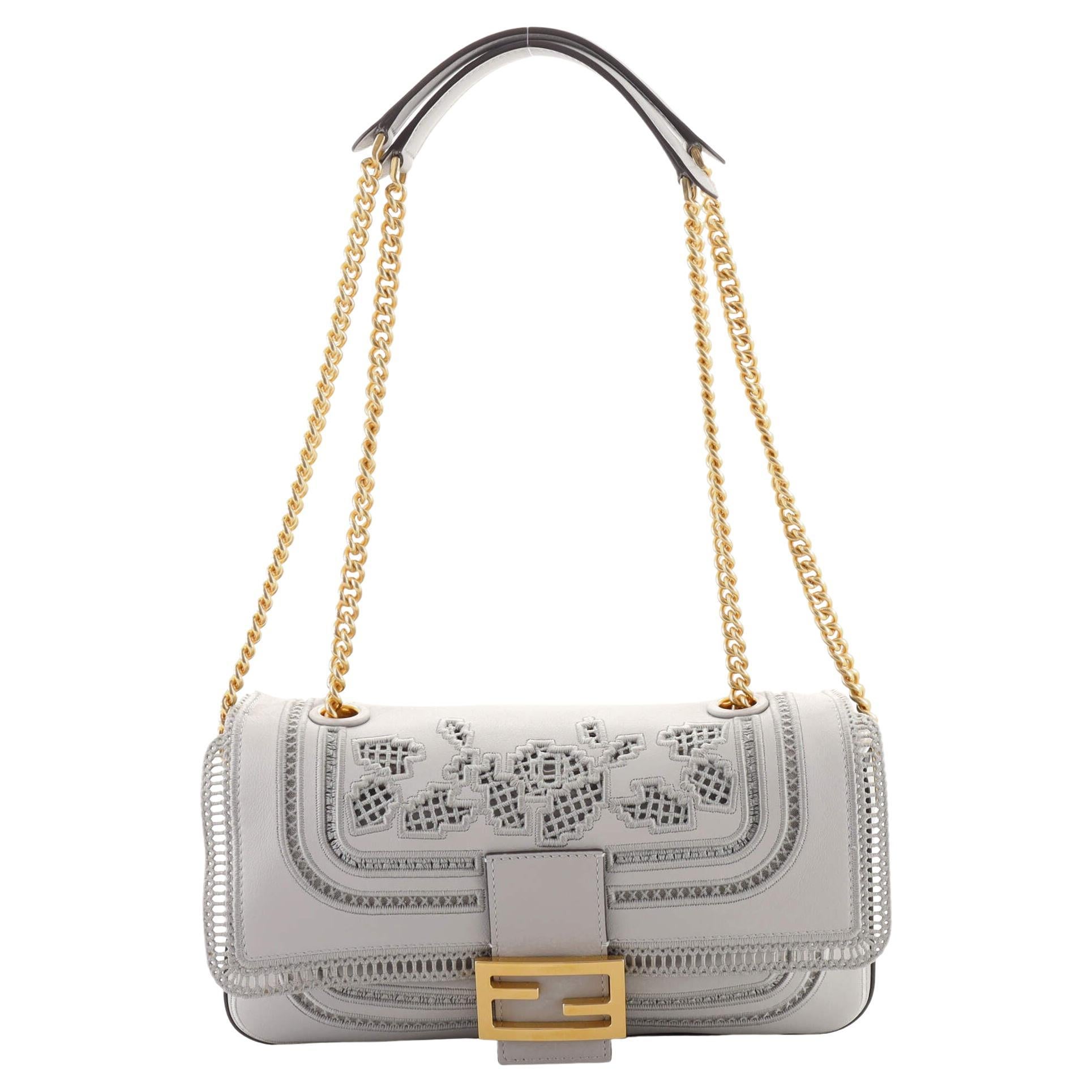 Fendi Midi Baguette Chain Bag Embroidered Leather at 1stDibs