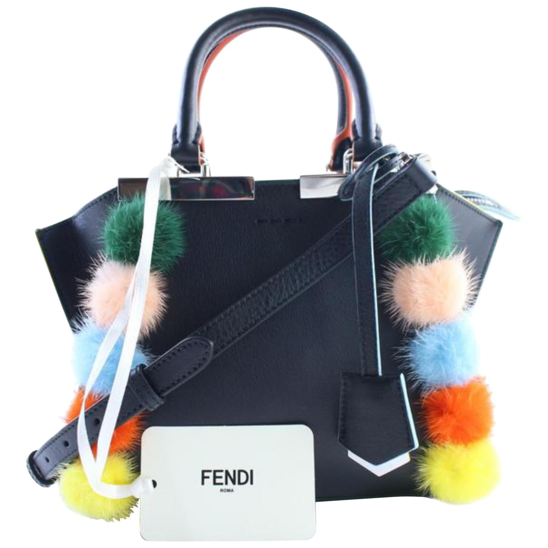 Fendi Mini 3jours Fur Pompoms 2way 4lr0501 Black Leather Cross Body Bag For Sale