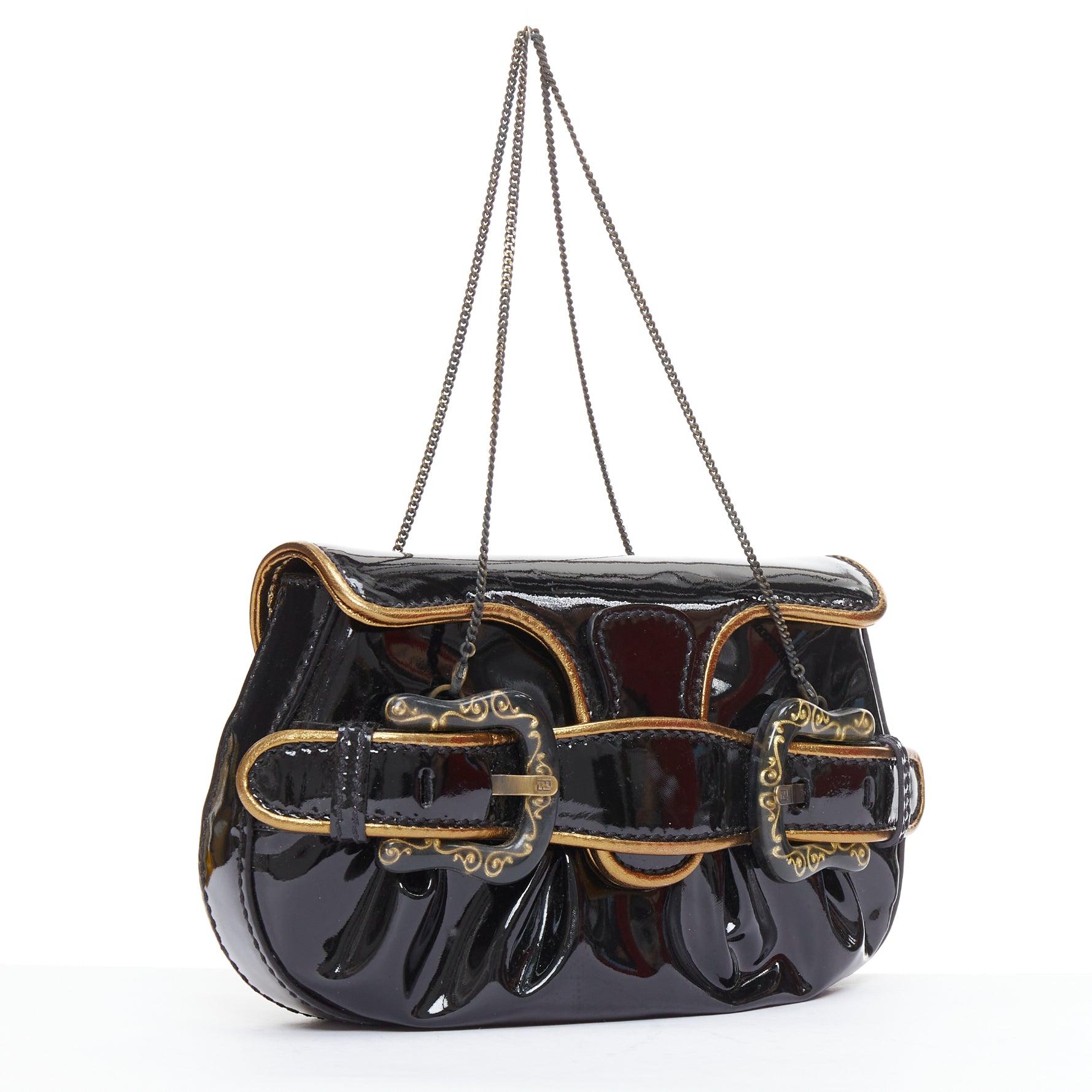 Black FENDI Mini B black patent baroque FF buckle underarm clutch bag For Sale