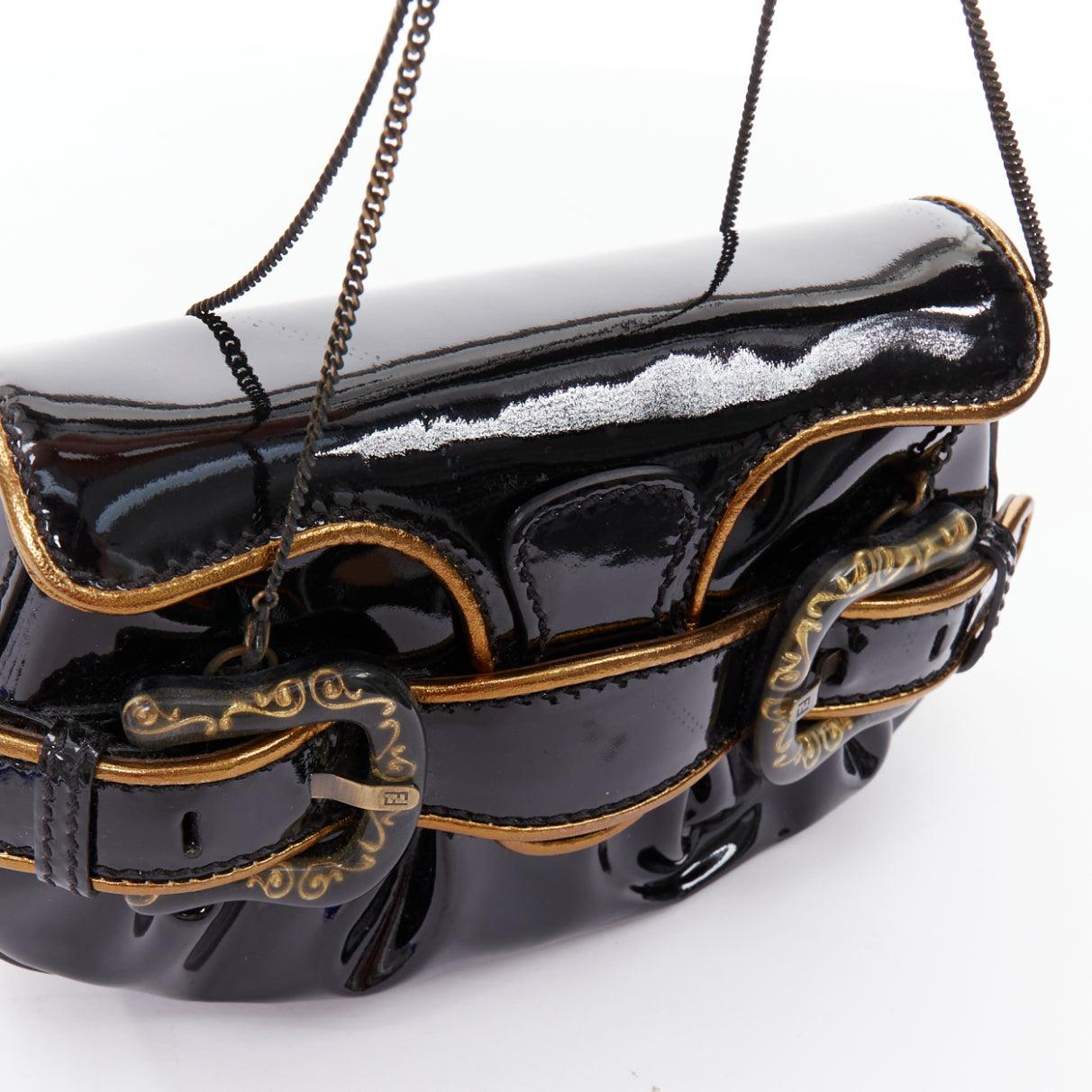 FENDI Mini B black patent baroque FF buckle underarm clutch bag For Sale 1