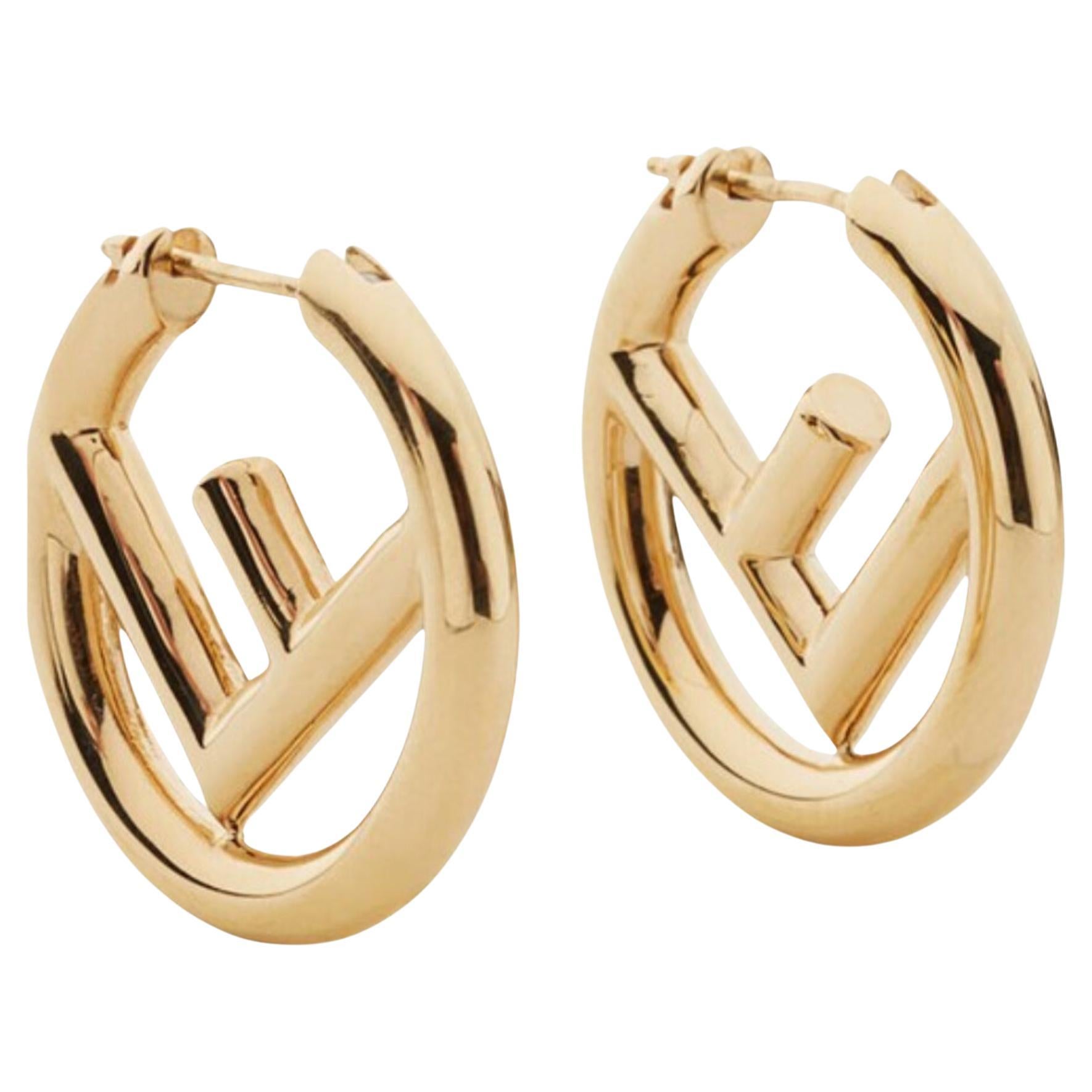 Fendi Mini Logo Metallic Gold Earrings For Sale