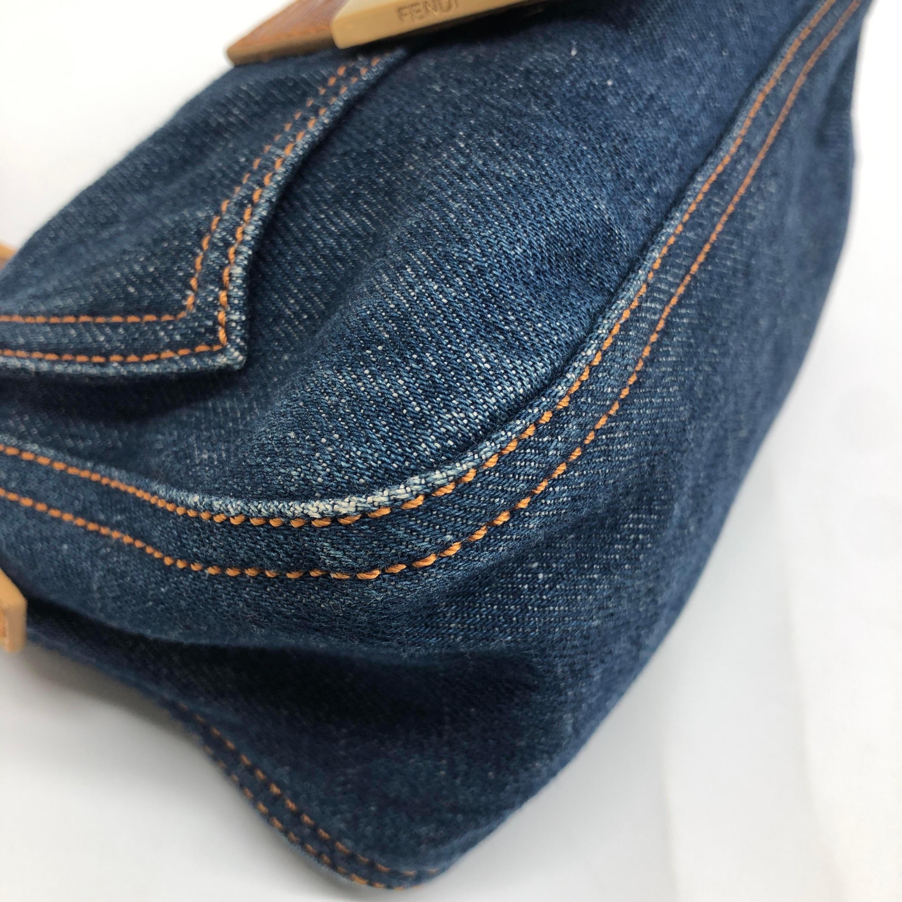 Fendi Mini Mamma Baguette Azul Denim Amarillo Piel Correa en venta 3