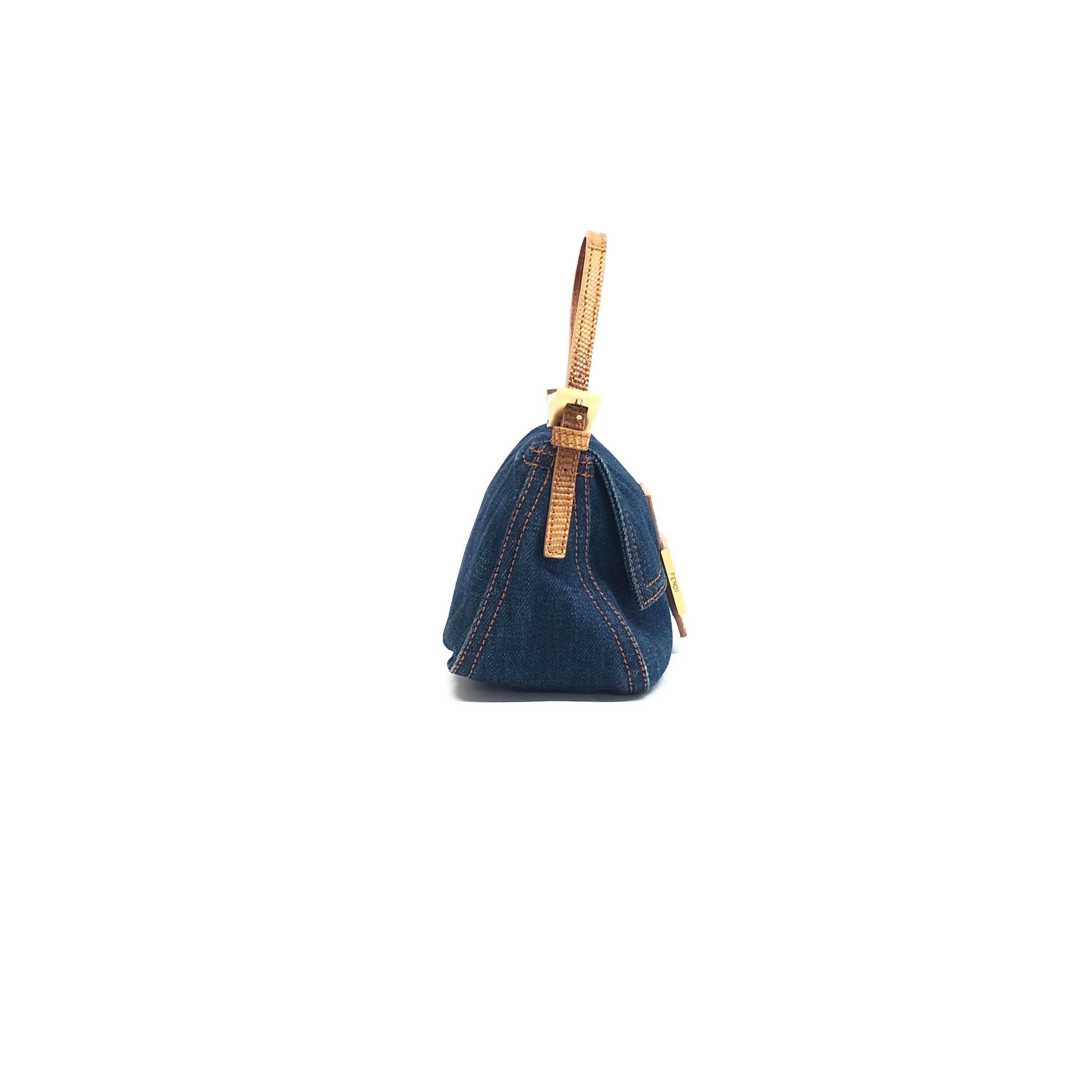 Fendi Mini Mamma Baguette Azul Denim Amarillo Piel Correa en venta 4