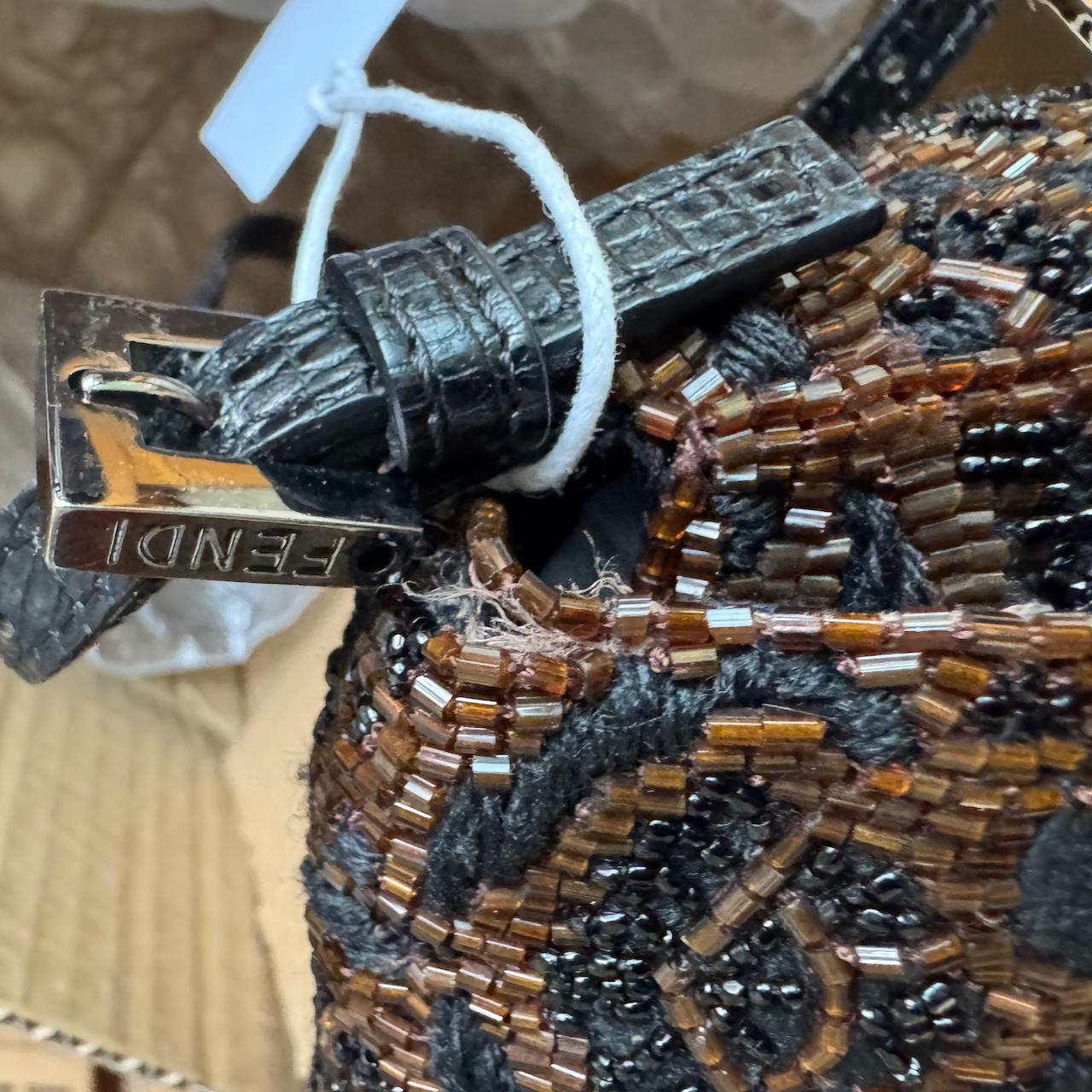 Fendi Mini Mamma Baguette Brown Glitter Beads Floral Embroidery For Sale 7