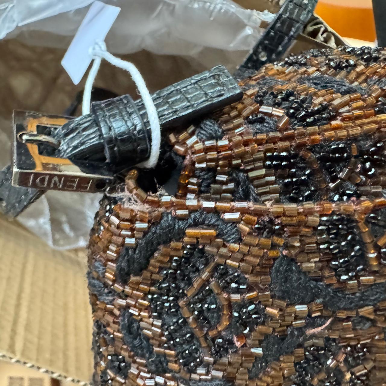 Fendi Mini Mamma Baguette Brown Glitter Beads Floral Embroidery For Sale 8