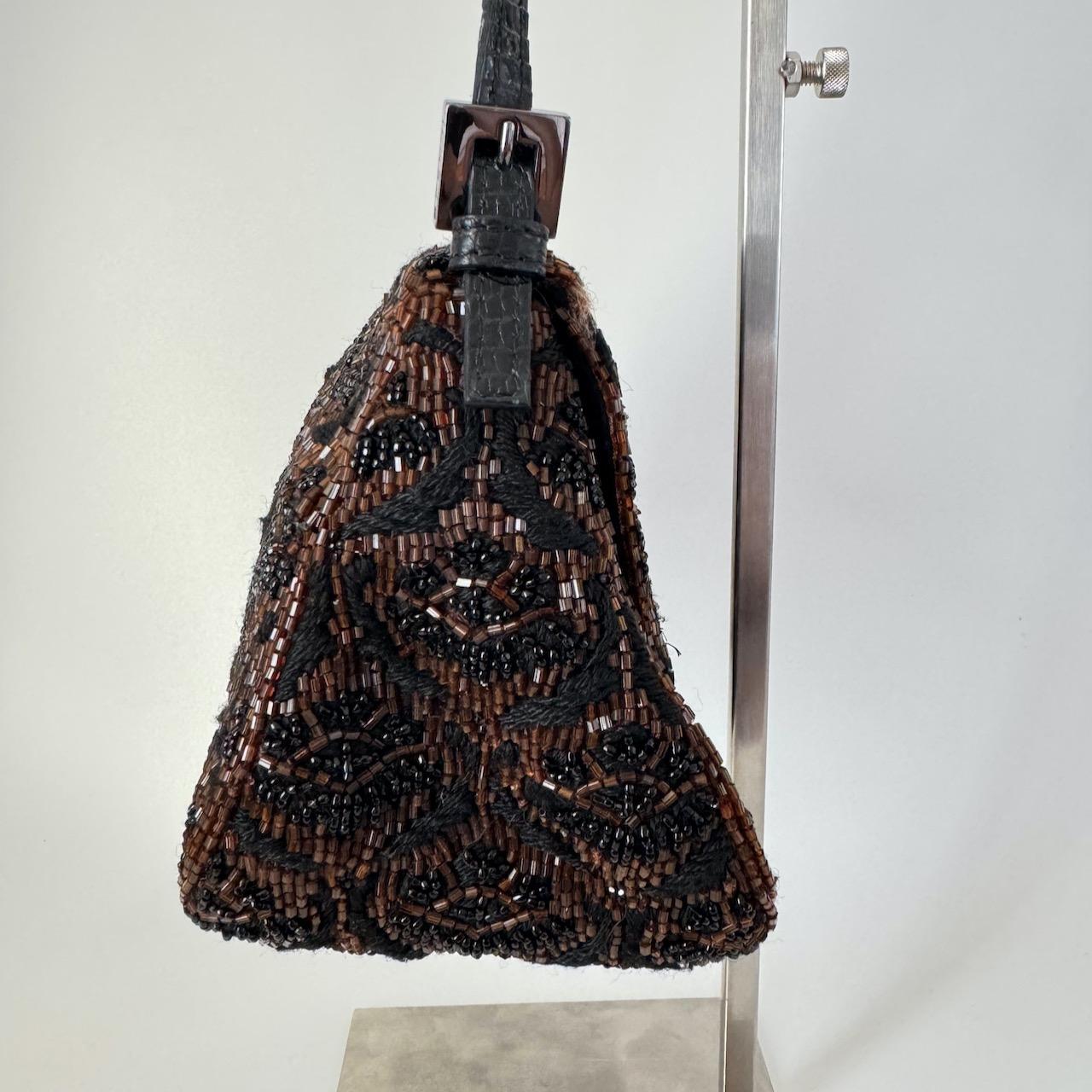 Black Fendi Mini Mamma Baguette Brown Glitter Beads Floral Embroidery For Sale