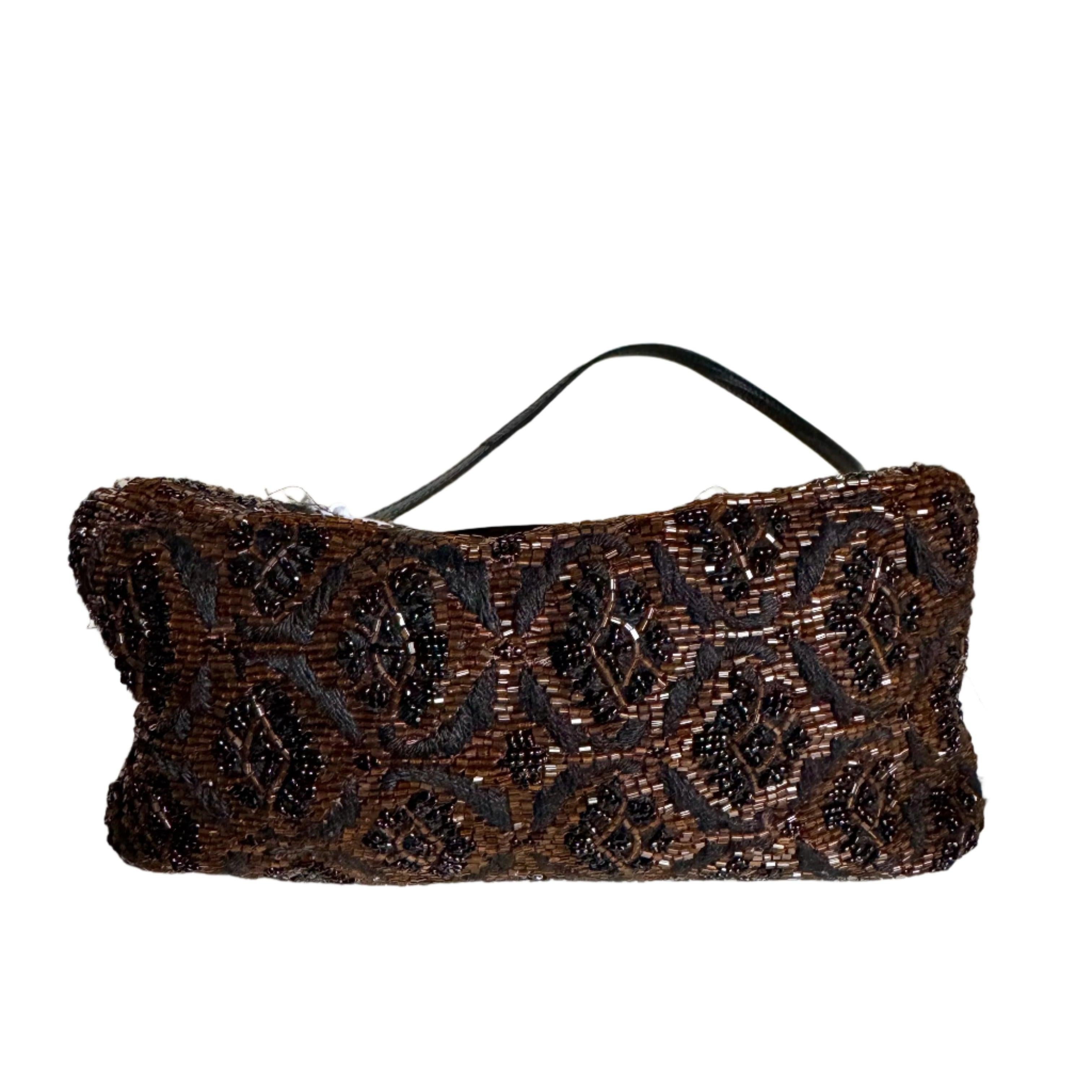 Women's Fendi Mini Mamma Baguette Brown Glitter Beads Floral Embroidery For Sale