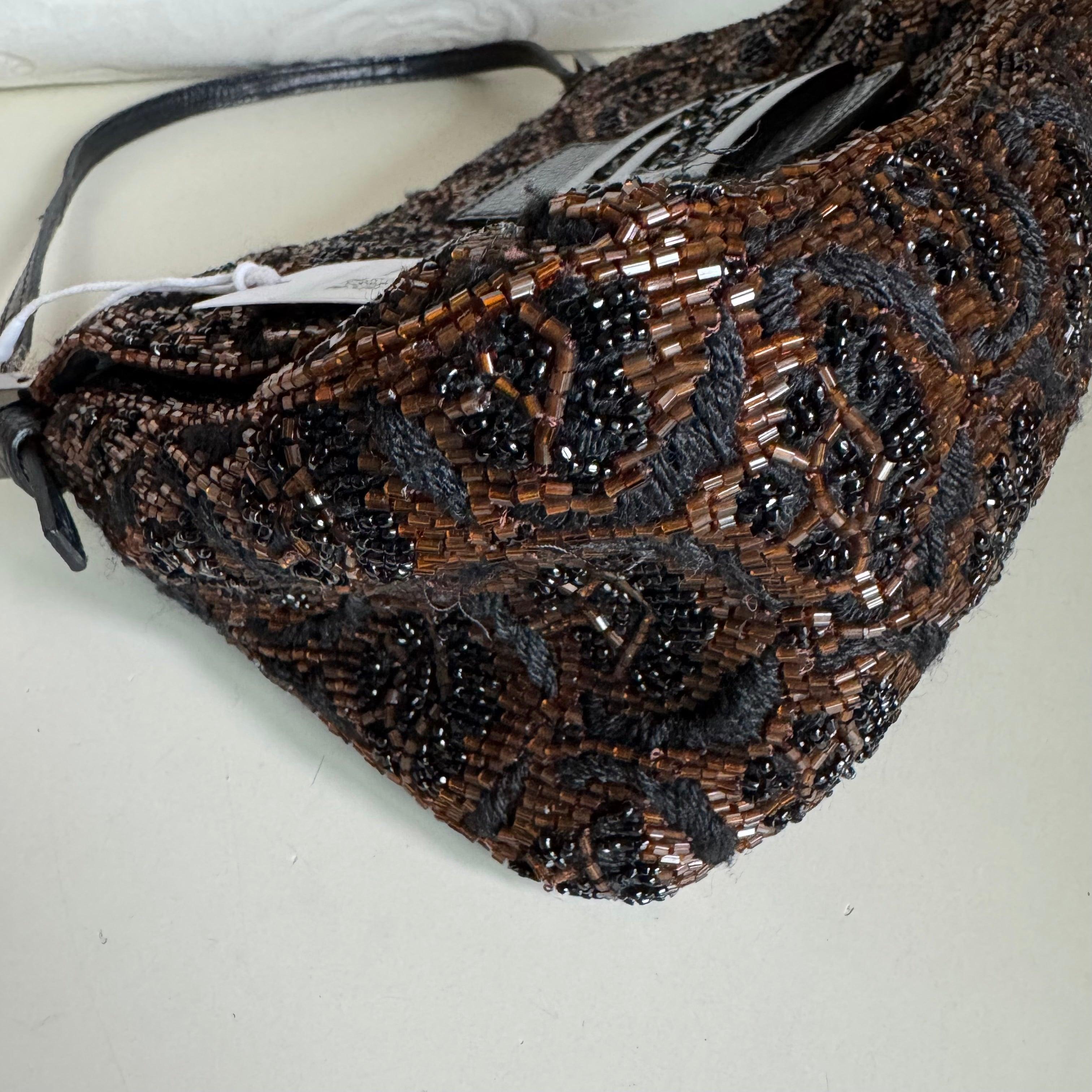 Fendi Mini Mamma Baguette Brown Glitter Beads Floral Embroidery For Sale 3