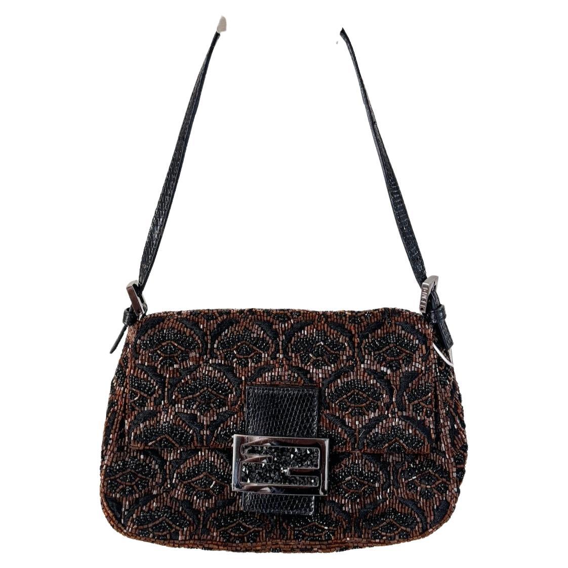 Fendi Mini Mamma Baguette Brown Glitter Beads Floral Embroidery For Sale