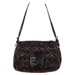 Fendi Mini Mamma Baguette Marrone Perline Glitterate Ricamo Floreale