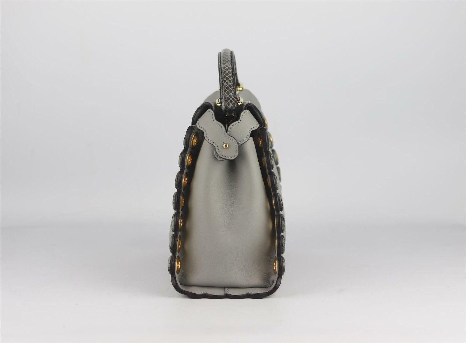 Gray Fendi Mini Peekaboo Eyelet Python Trimmed Leather Shoulder Bag
