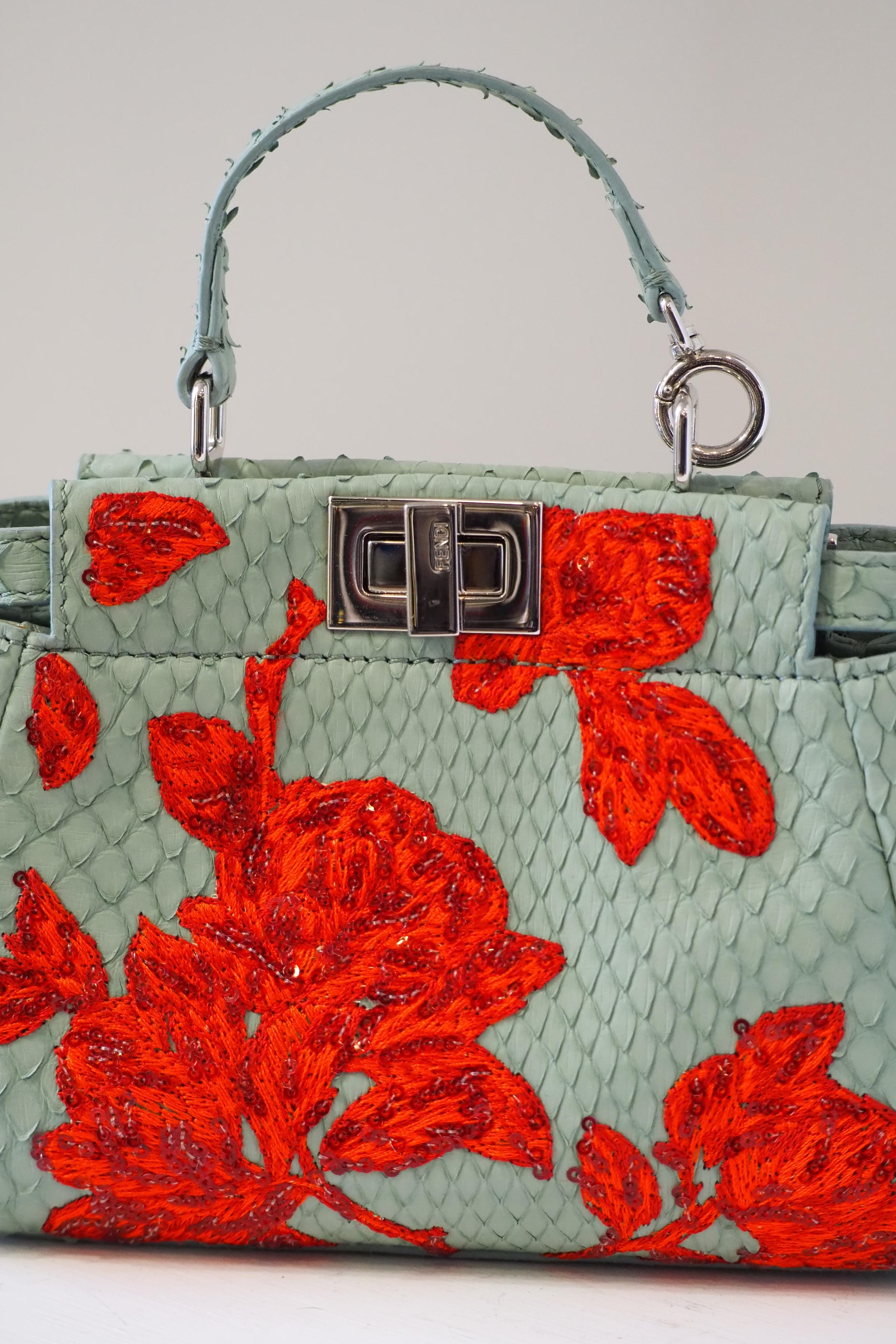 Fendi mini peekaboo python blue leather red swarovski stones bag For Sale 6