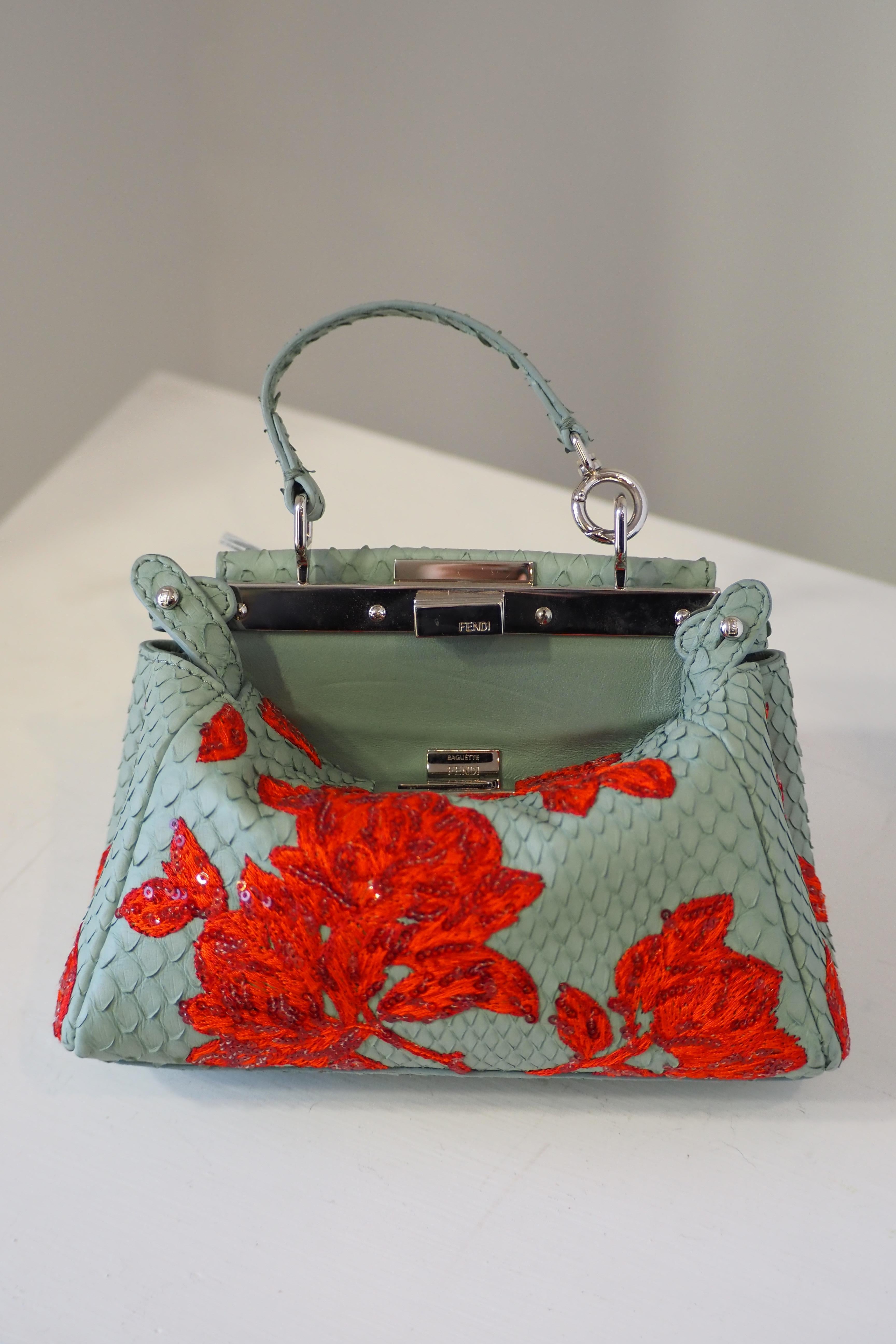 Fendi mini peekaboo python blue leather red swarovski stones bag For Sale 8