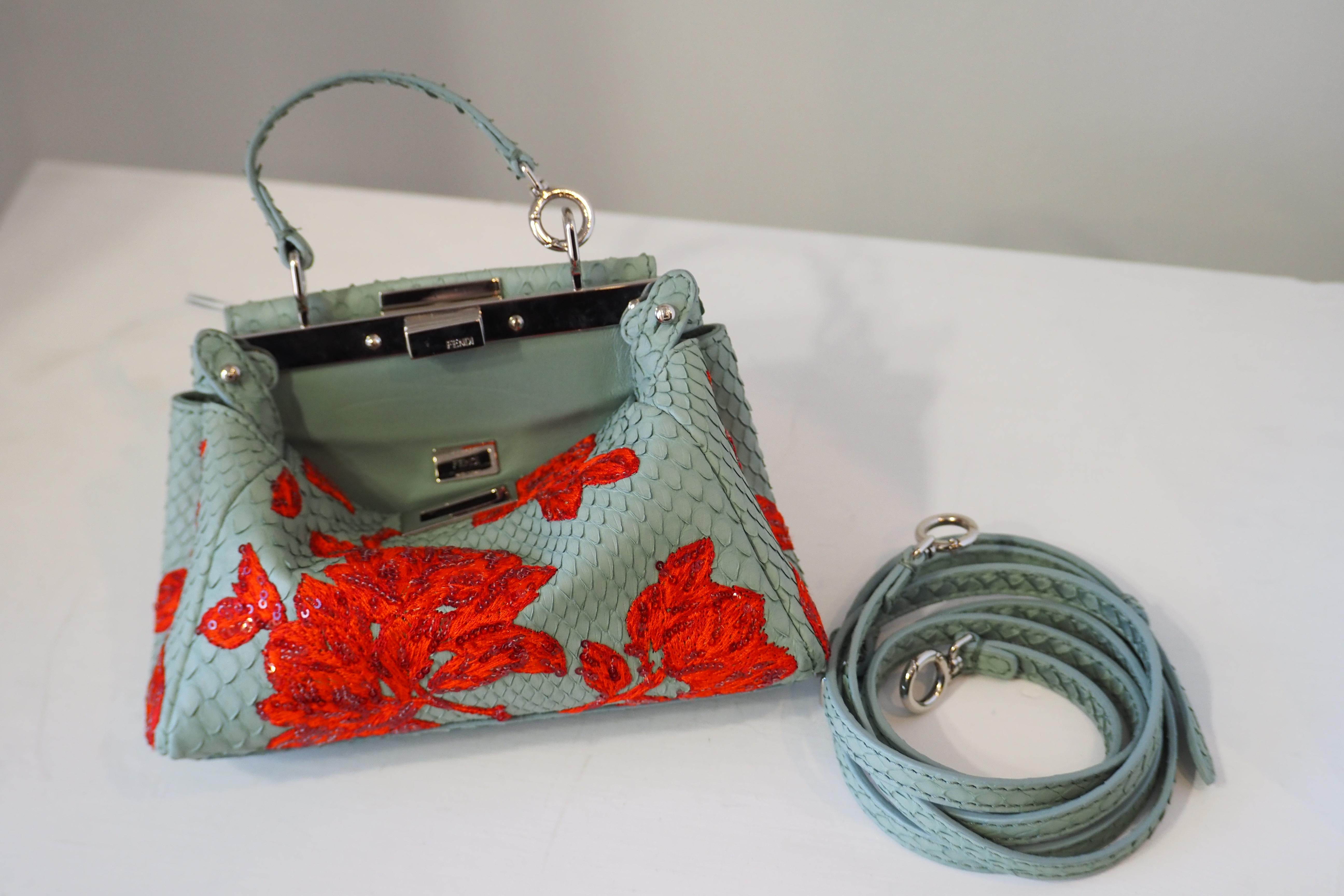 Fendi mini peekaboo python blue leather red swarovski stones bag For Sale 9