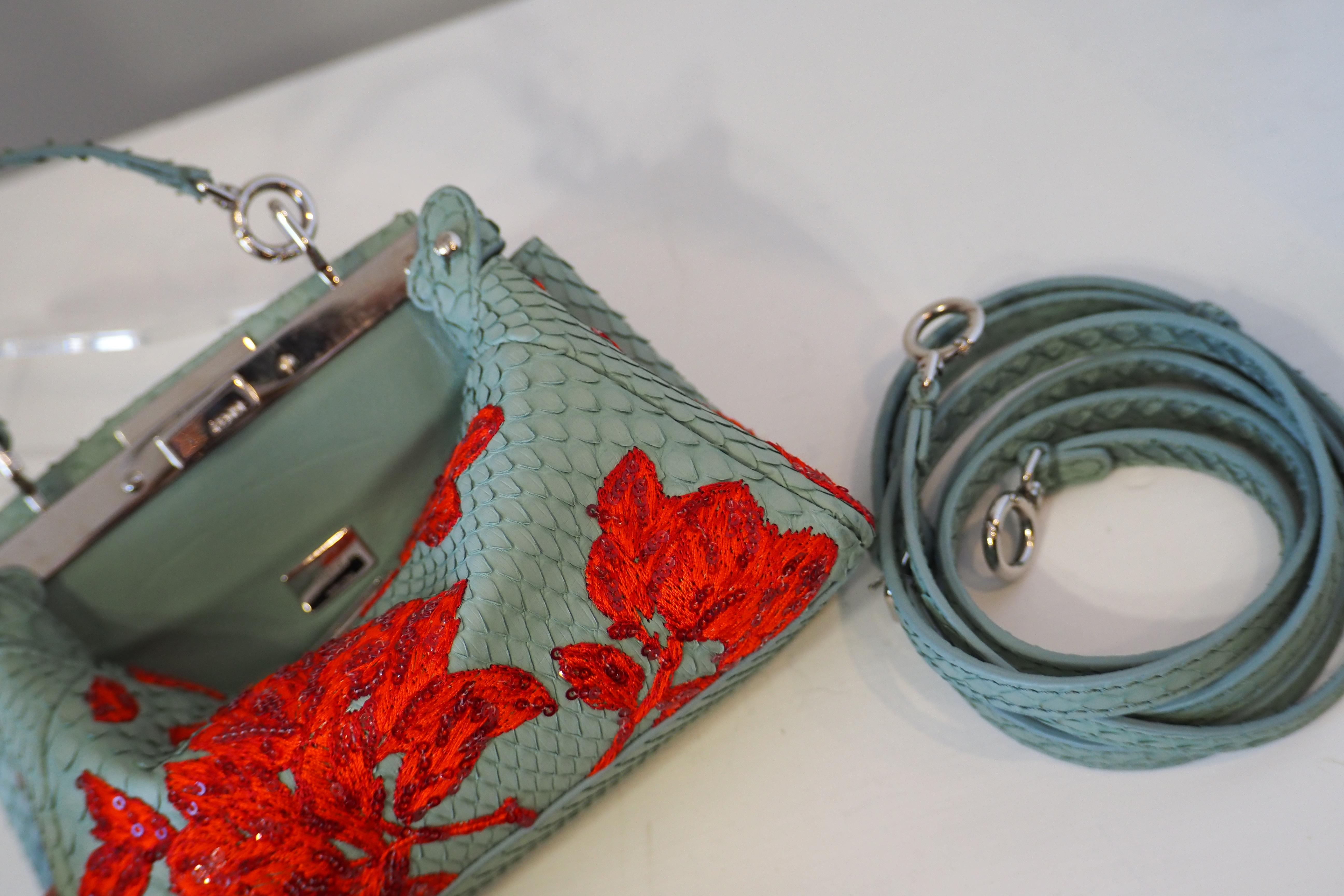 Fendi mini peekaboo python blue leather red swarovski stones bag For Sale 10