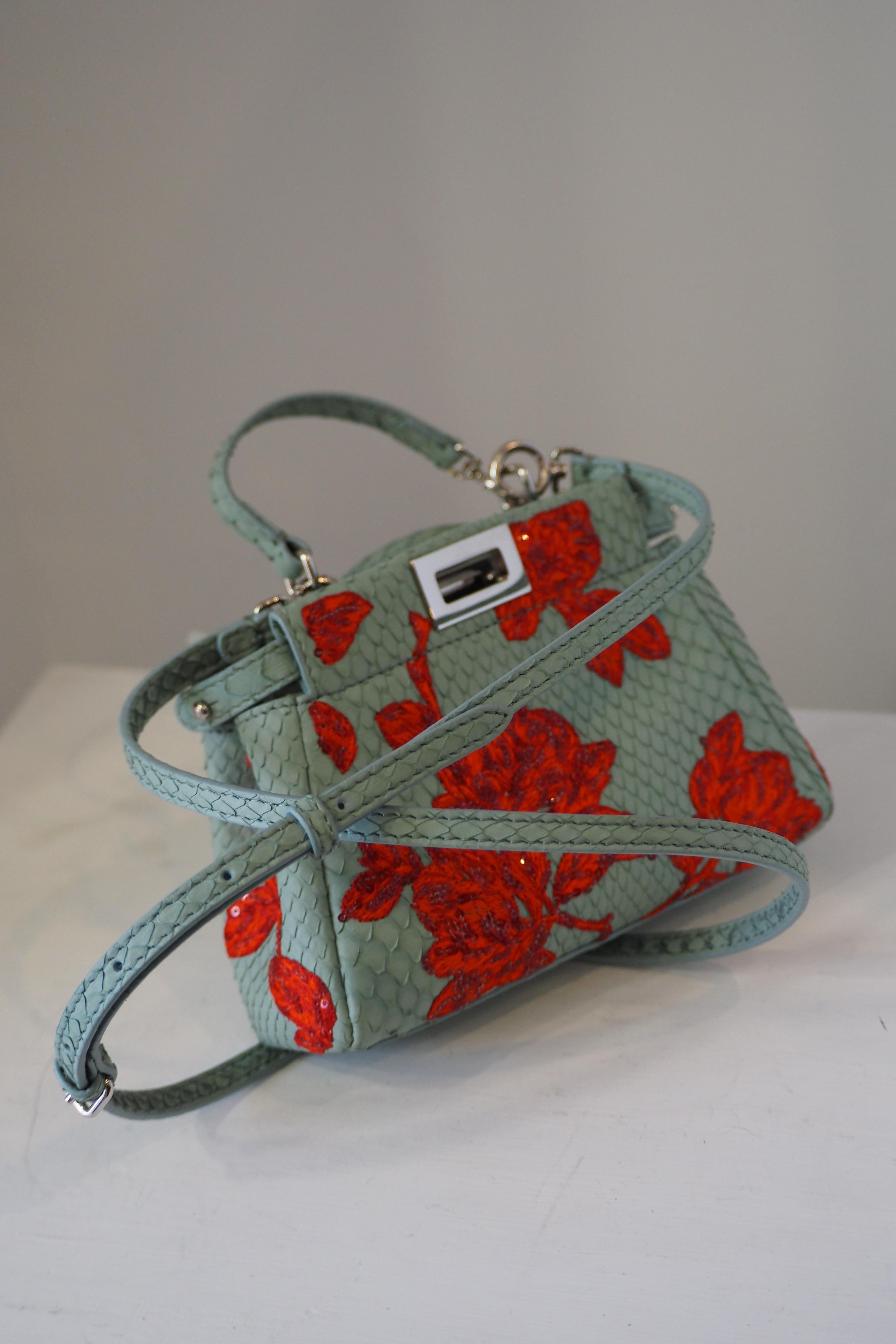 Fendi mini peekaboo python blue leather red swarovski stones bag For Sale 11