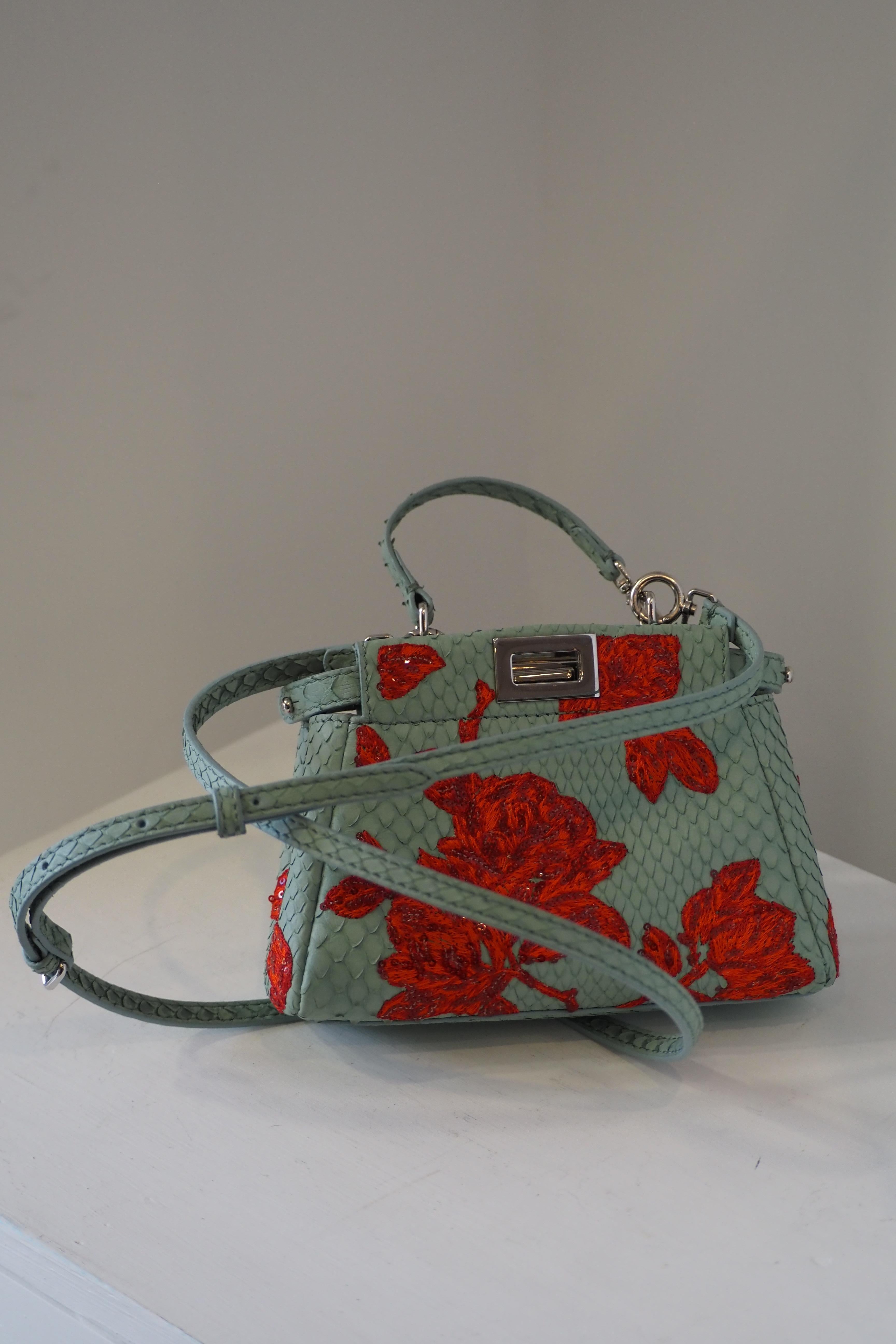 Fendi mini peekaboo python blue leather red swarovski stones bag For Sale 12