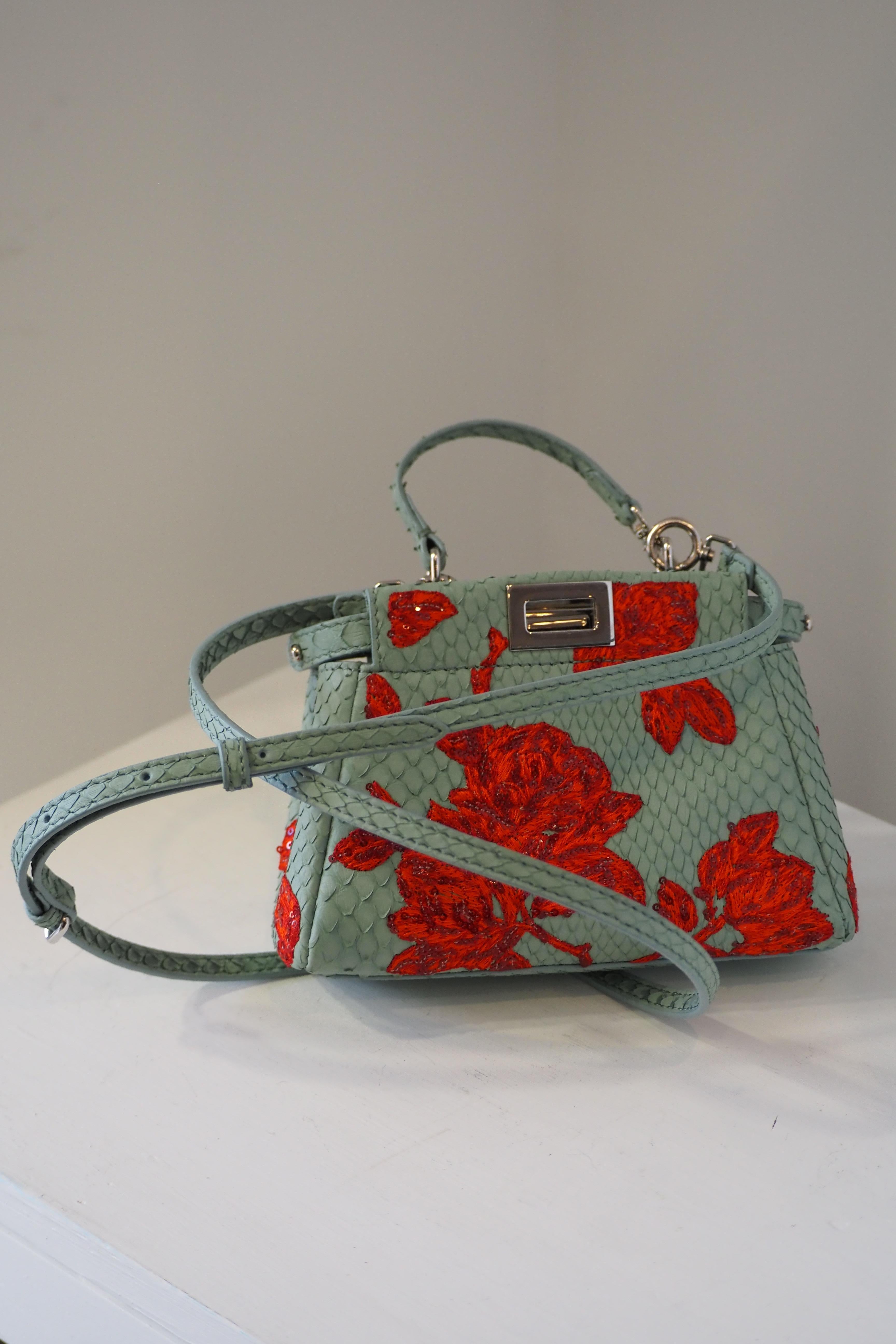 Fendi mini peekaboo python blue leather red swarovski stones bag For Sale 13