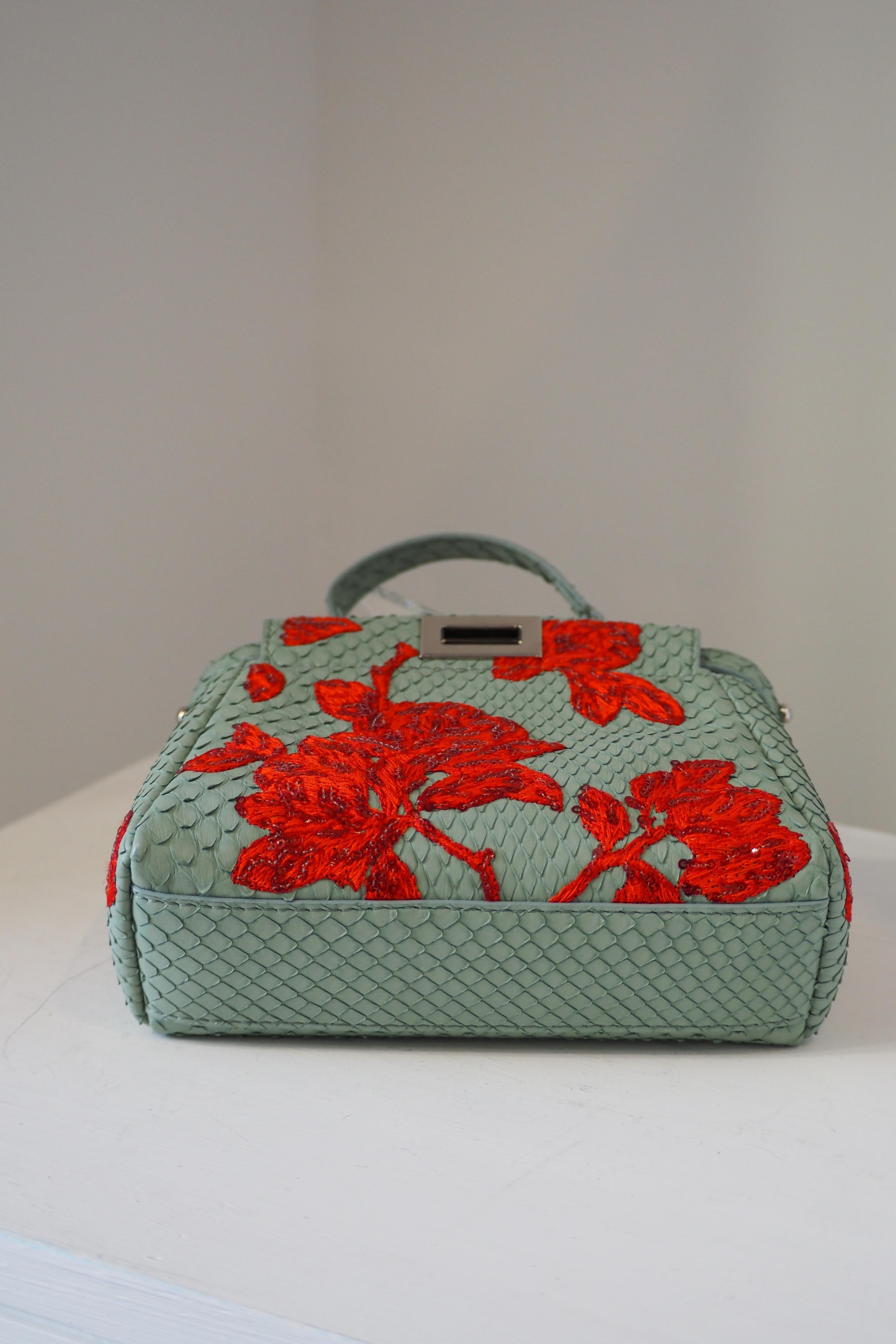 Fendi mini peekaboo python blue leather red swarovski stones bag For Sale 15
