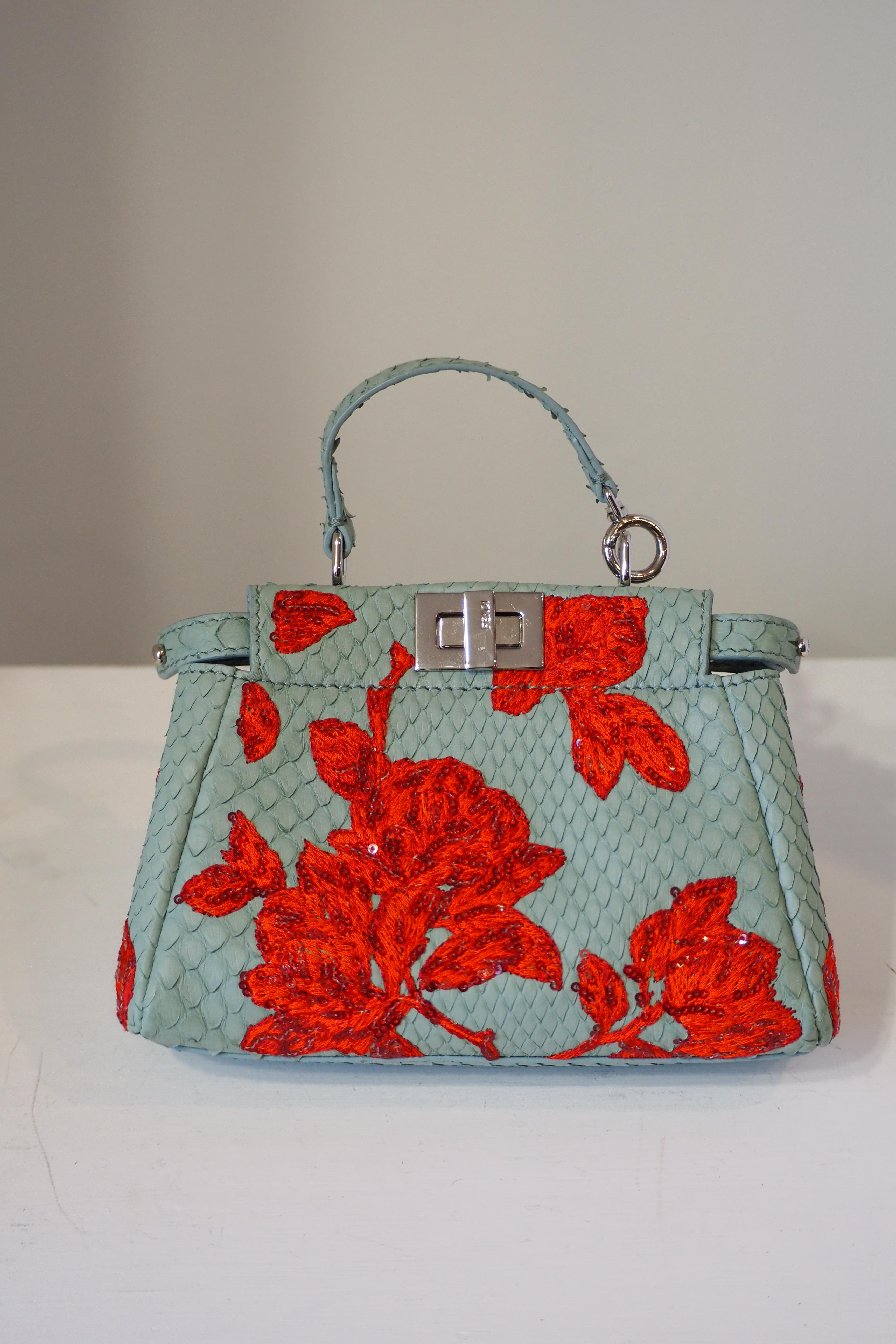 Brown Fendi mini peekaboo python blue leather red swarovski stones bag For Sale