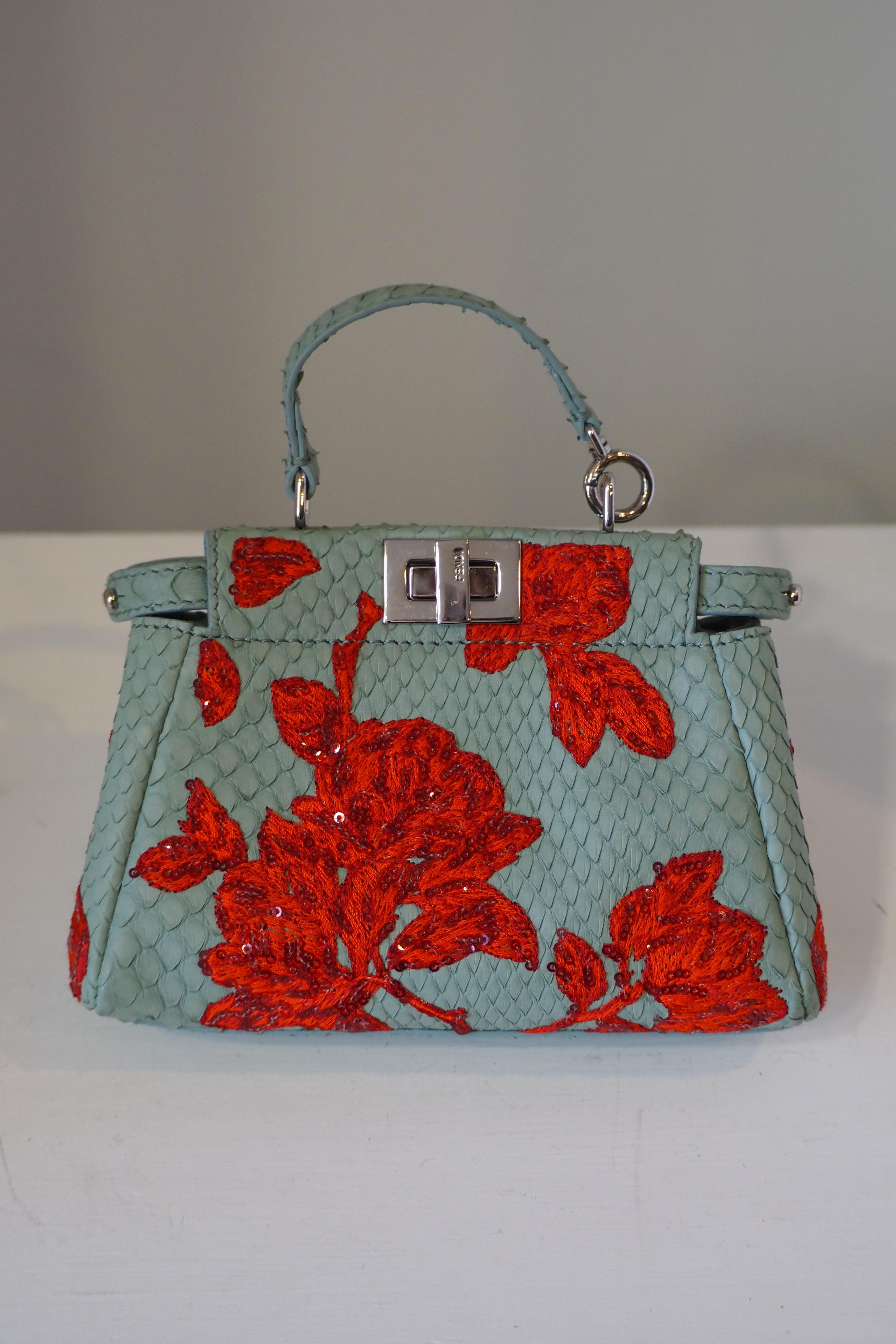 Fendi mini peekaboo python blue leather red swarovski stones bag In Excellent Condition For Sale In Capri, IT