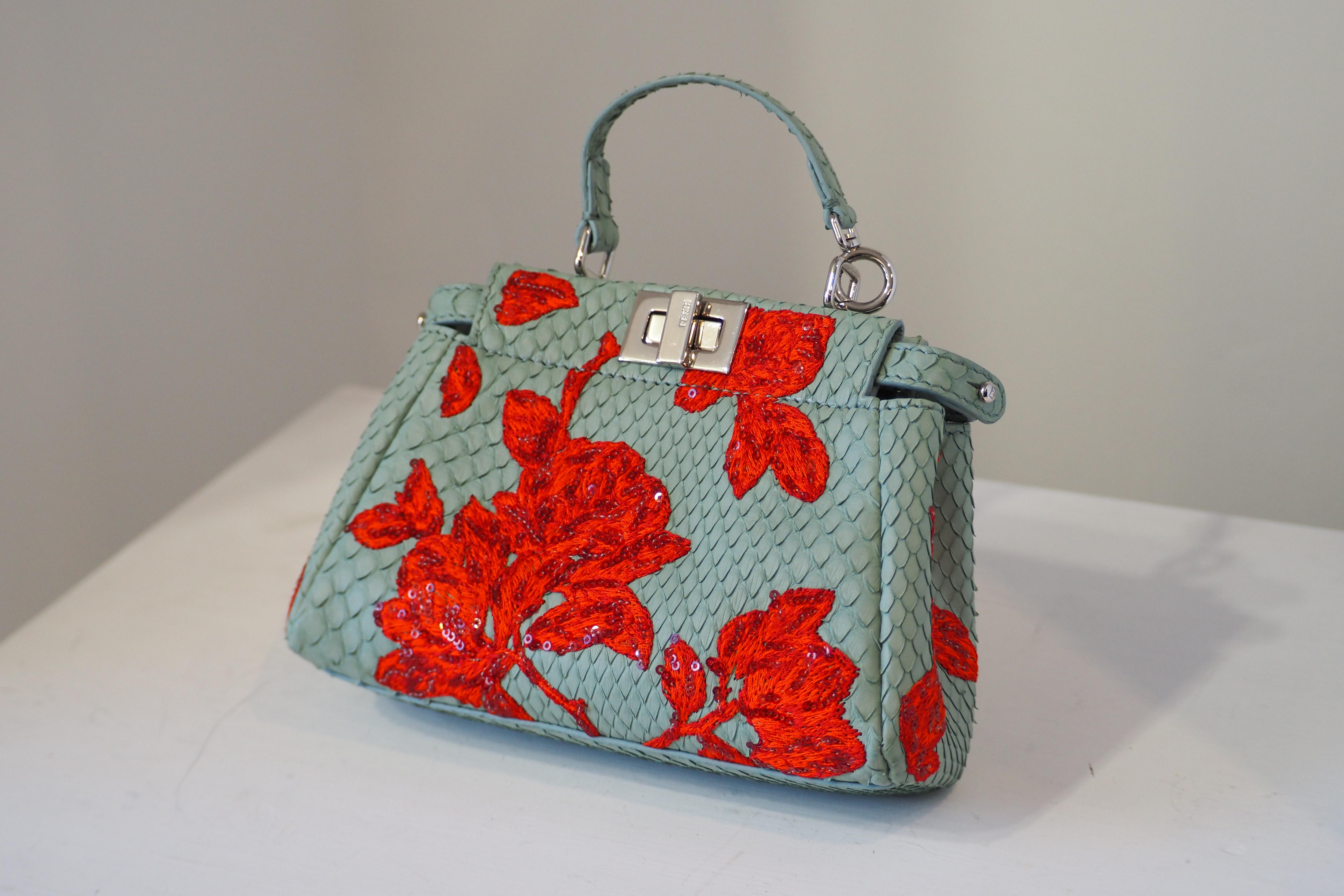 Women's or Men's Fendi mini peekaboo python blue leather red swarovski stones bag For Sale