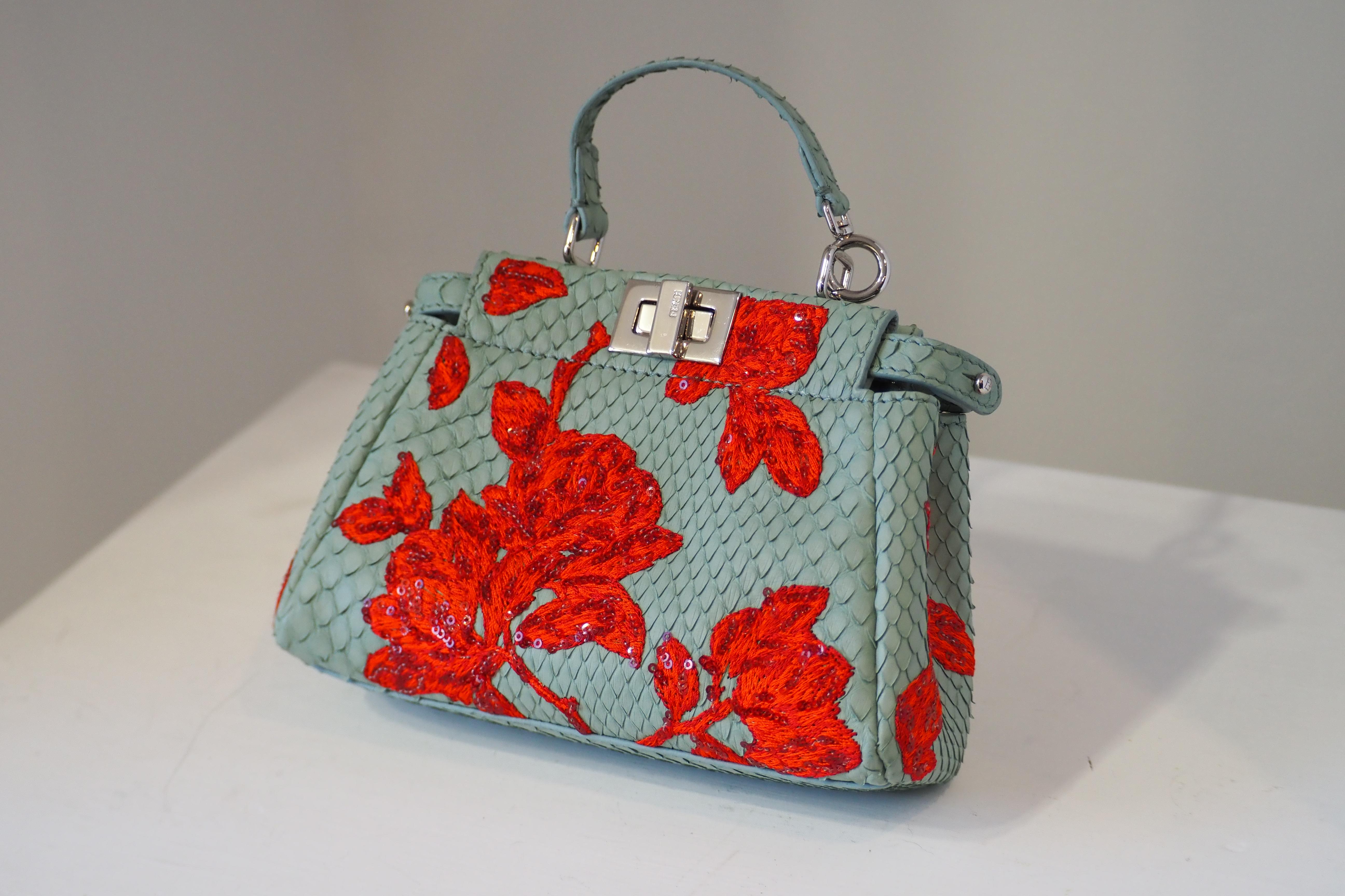 Fendi mini peekaboo python blue leather red swarovski stones bag For Sale 1