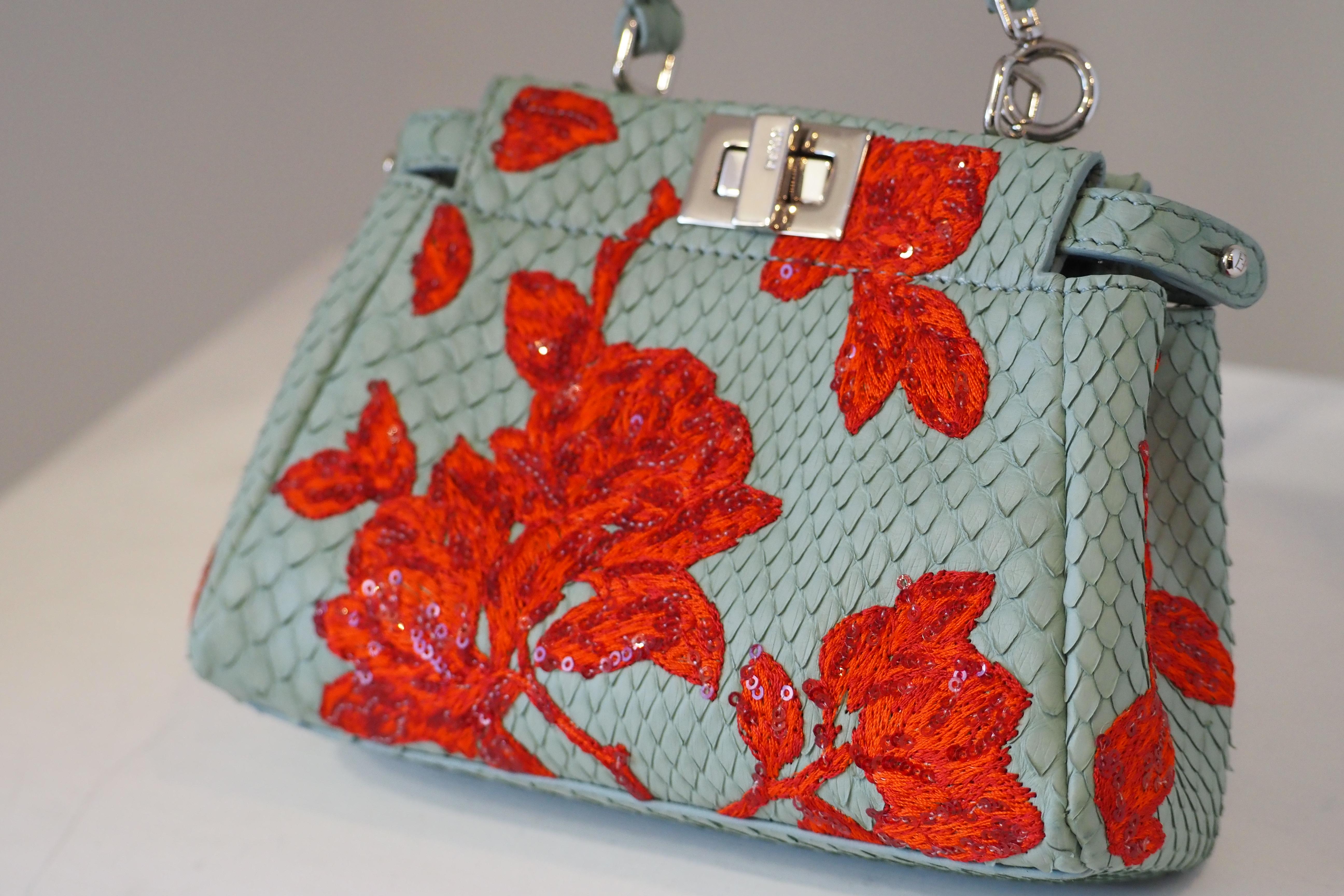 Fendi mini peekaboo python blue leather red swarovski stones bag For Sale 2