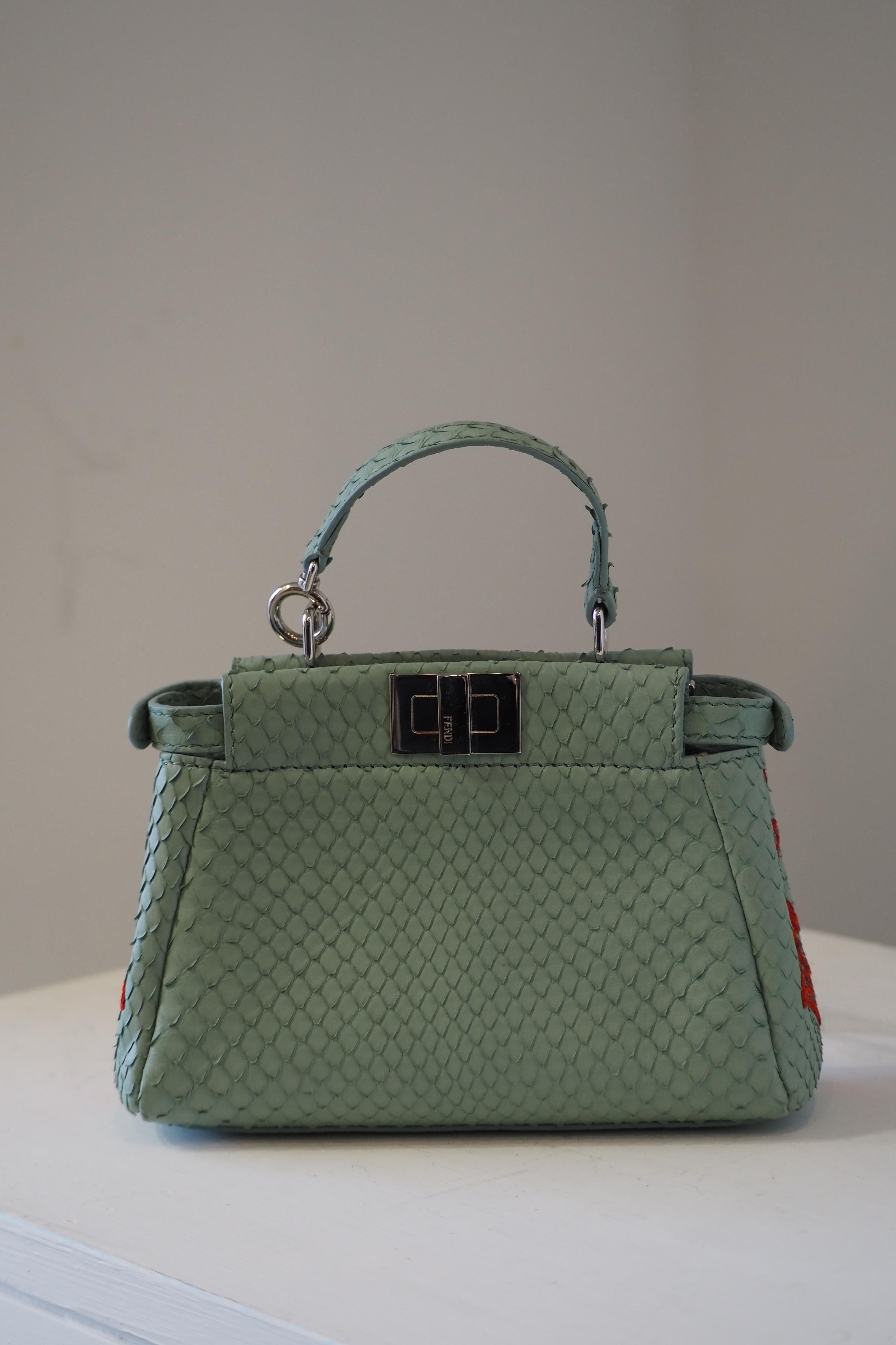 Fendi mini peekaboo python blue leather red swarovski stones bag For Sale 4