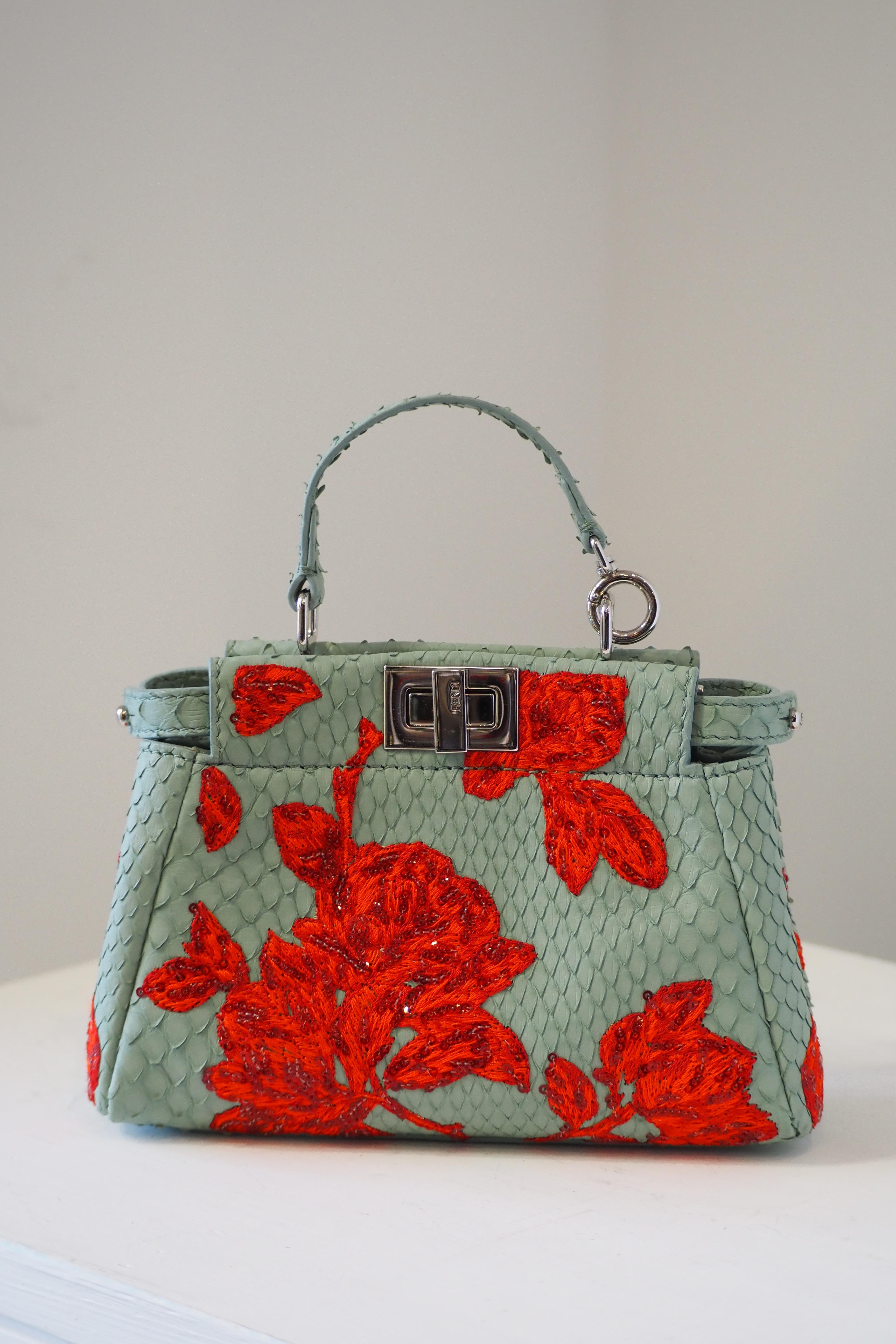 Fendi mini peekaboo python blue leather red swarovski stones bag For Sale 5