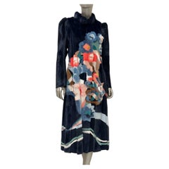Fendi Mink Floral Intarsia Navy Blue Coat IT 42 with Long Sleeves