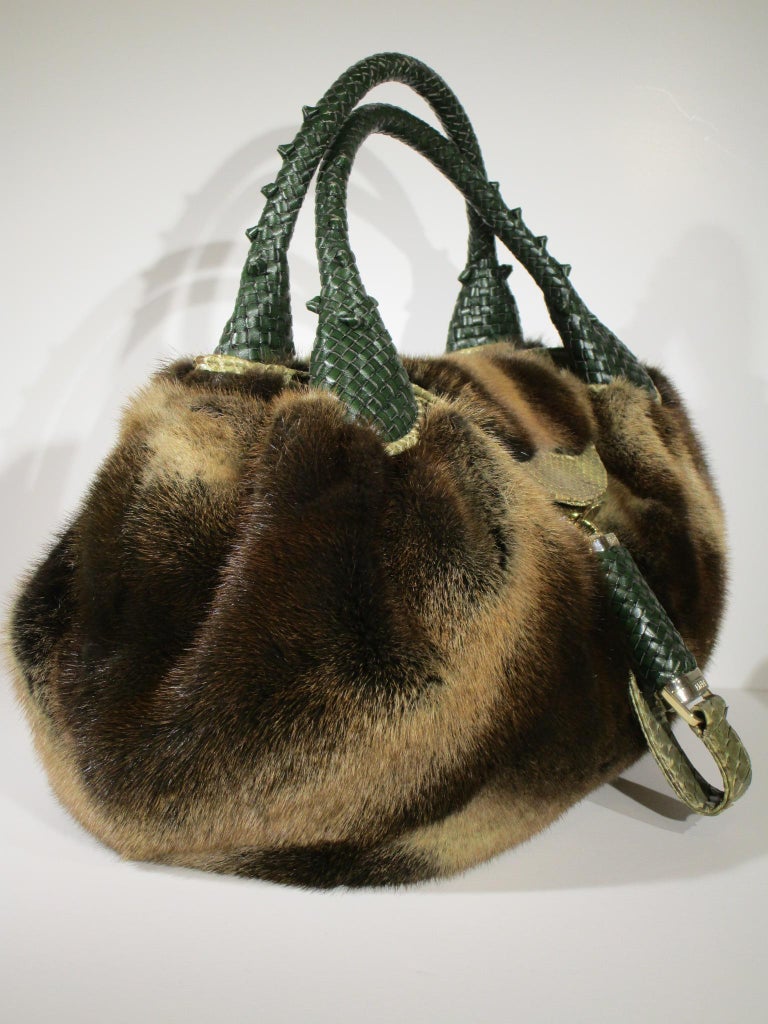 Absolutely magnificent authentic Brown Mink fur FENDI Spy bag with olive green snakeskin trim, forest green woven leather handles, wristlet accent with the signature SECRET compartment, gold tone hardware, interior/exterior coin purse, with flip