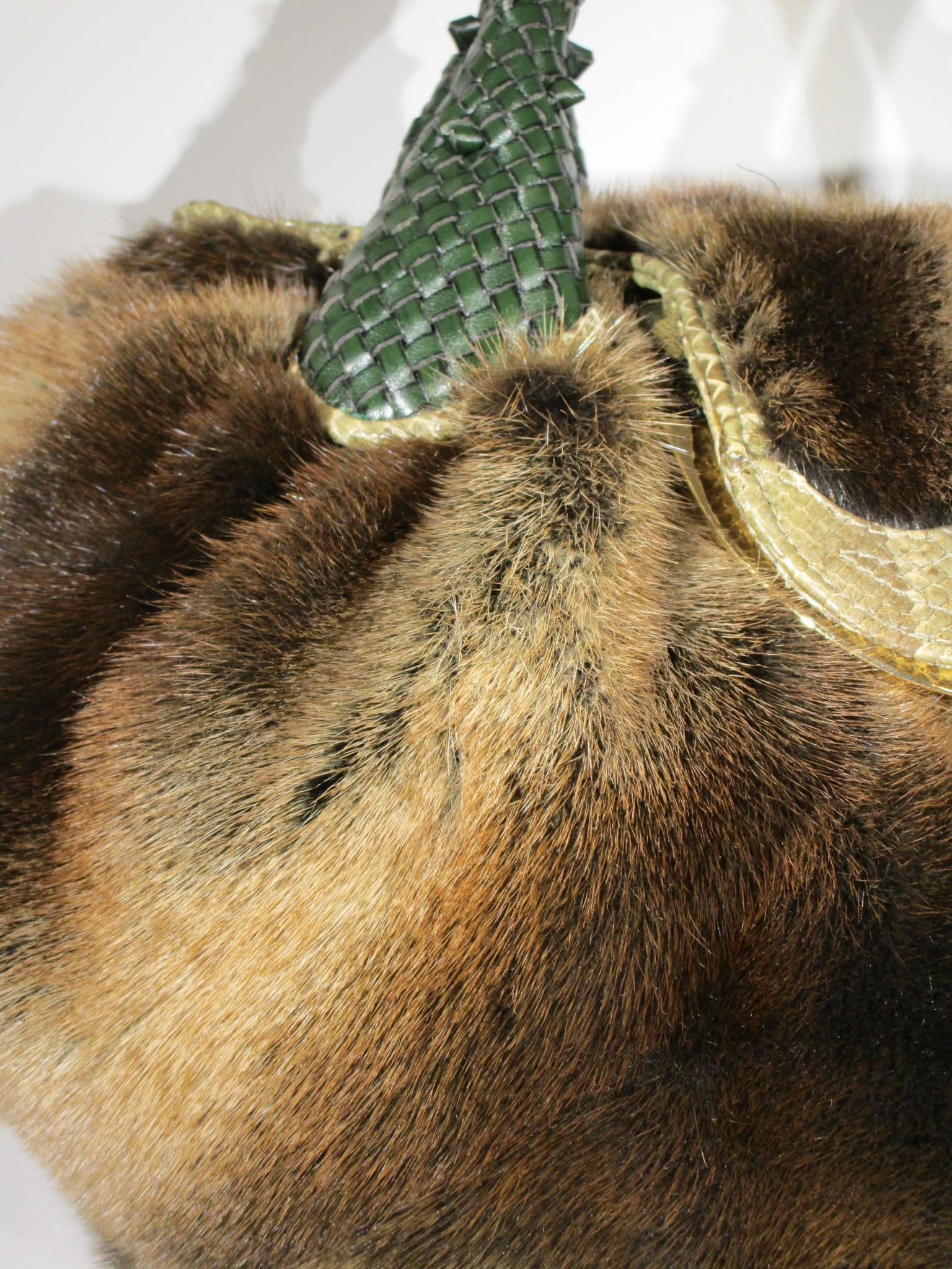 FENDI Mink Spy Bag Fur Snakeskin Leather Handbag Purse  In Good Condition In Lakewood, CO