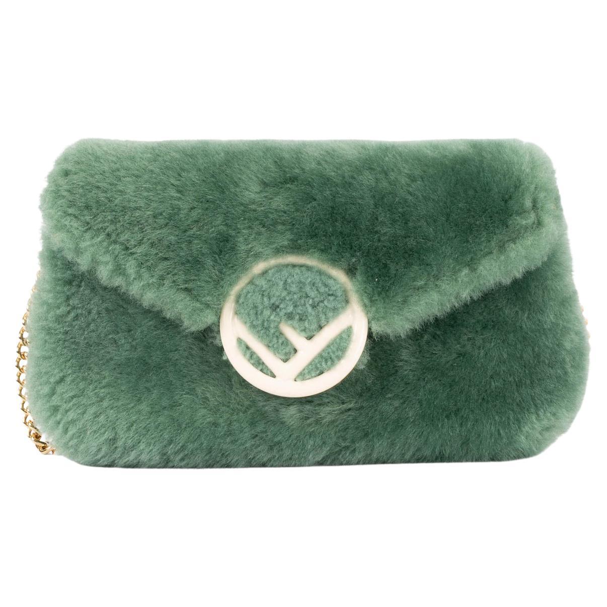 FENDI mint green SHEARLING LOGO Belt Bag / Shoulder Bag For Sale