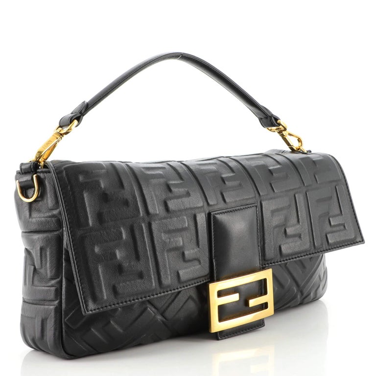 Black Fendi Model: Baguette NM Bag Zucca Embossed Leather Large For Sale