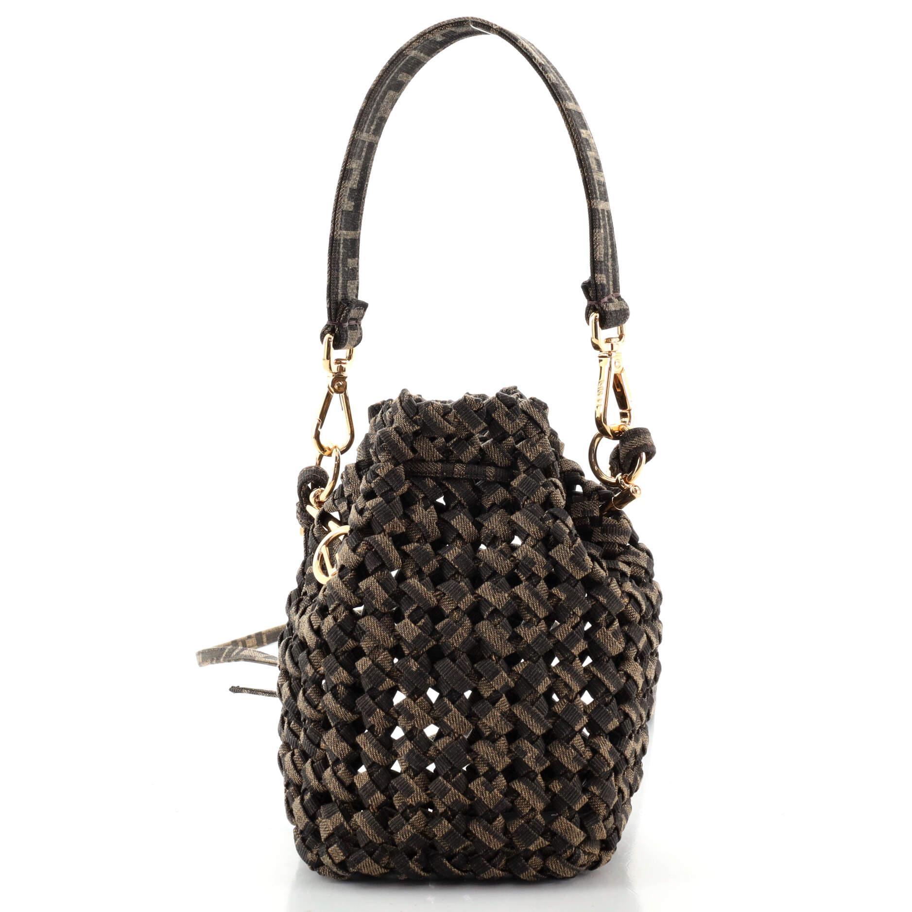 Black Fendi Mon Tresor Bucket Bag Jacquard Interlace Fabric Mini
