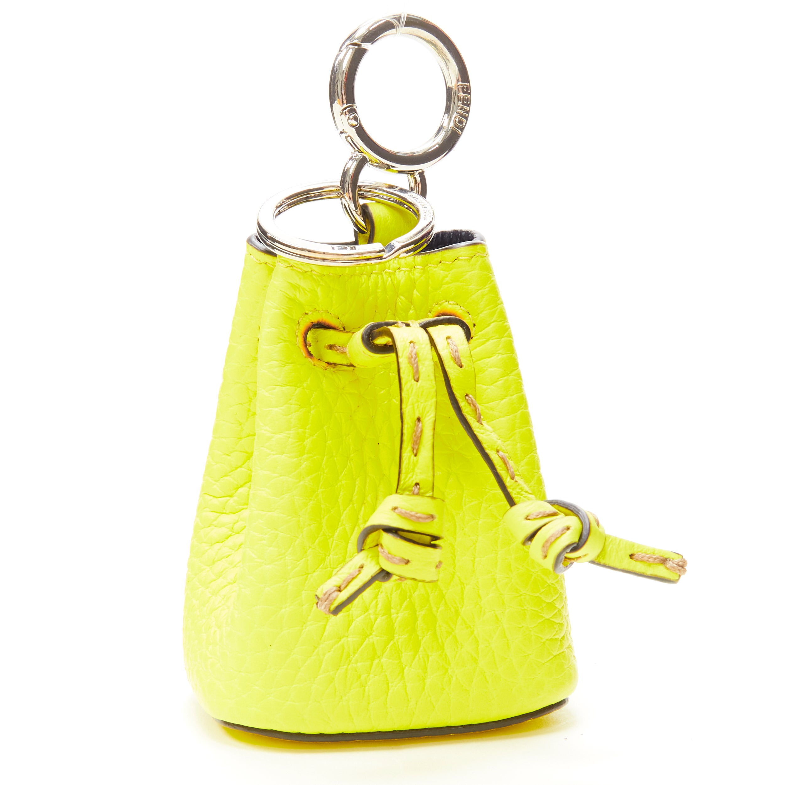 FENDI Mon Tresor Micro Bucket drawstring bright yellow leather bag charm For Sale
