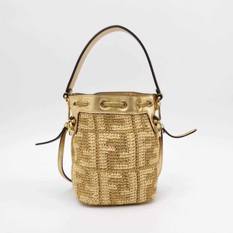 Fendi Mon Tresor Mini Bucket Bag Gold Raffia Thread und Leder Crossbody Bag 1