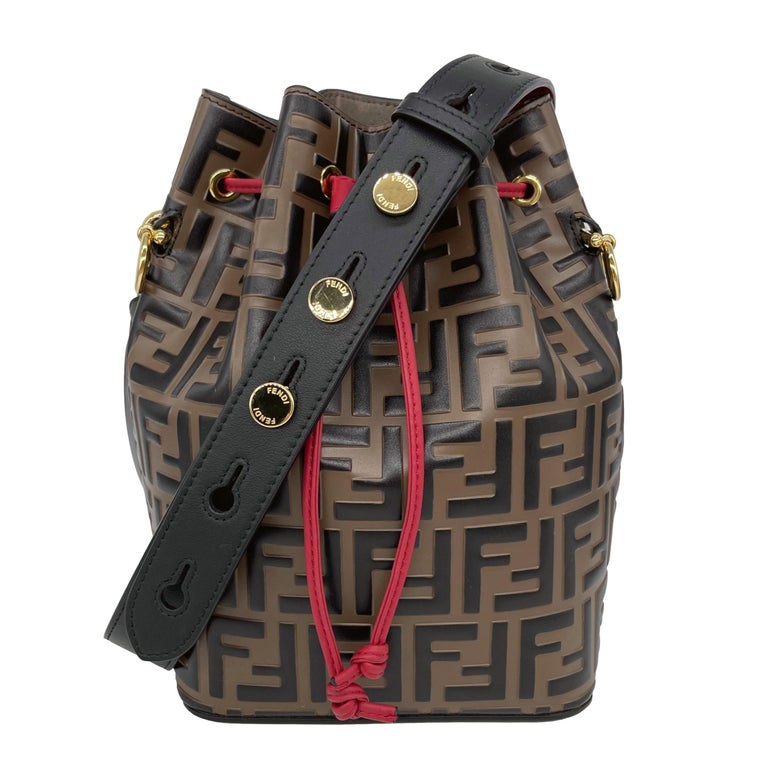 Black Fendi Mon Tresor Monogram Zucca Embossed Leather Bucket Shoulder Bag, 2020. For Sale